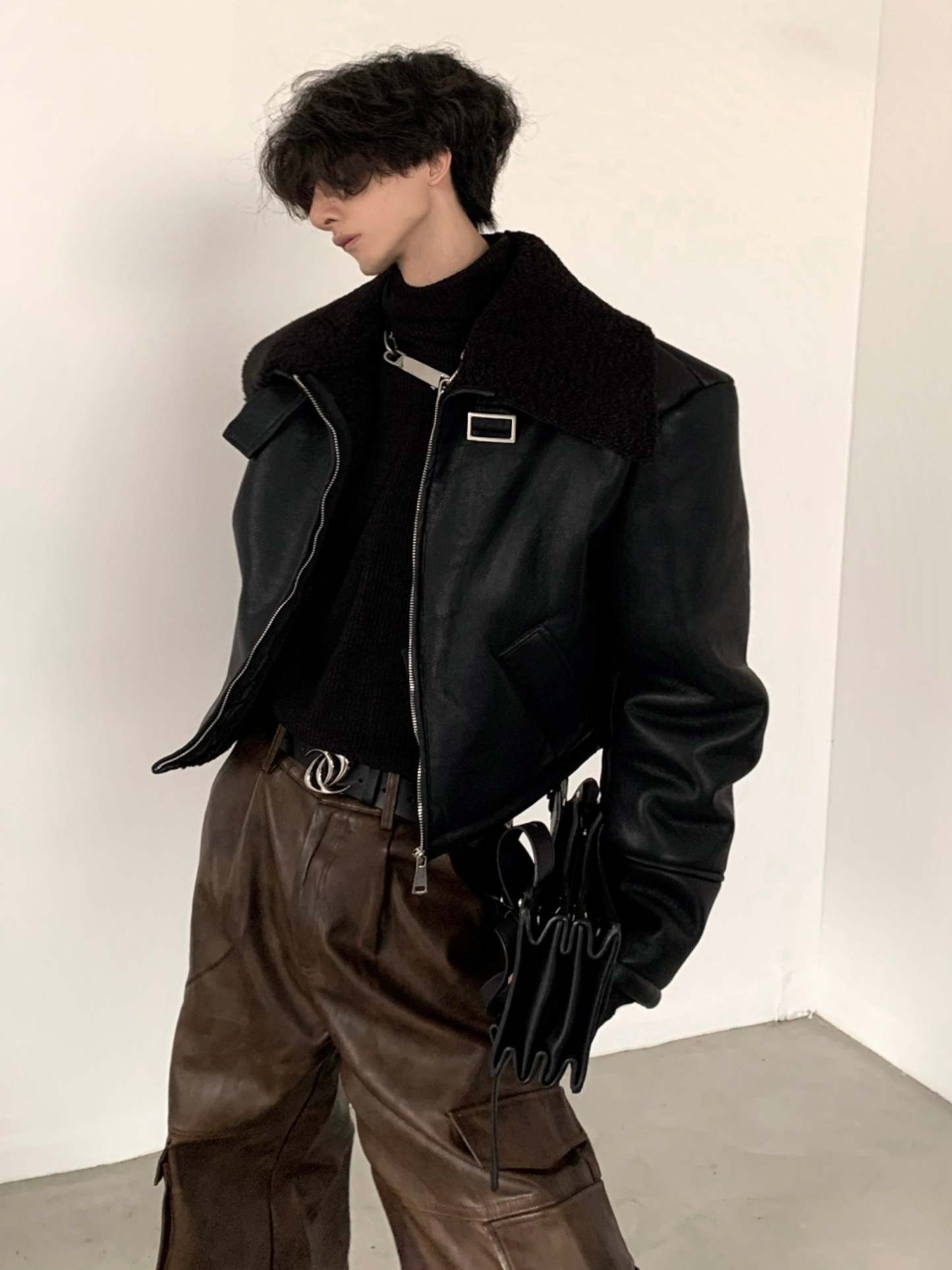 【23s November.】Short Silhouette Black Fur All-in-one Jacket-IYAMIUIO