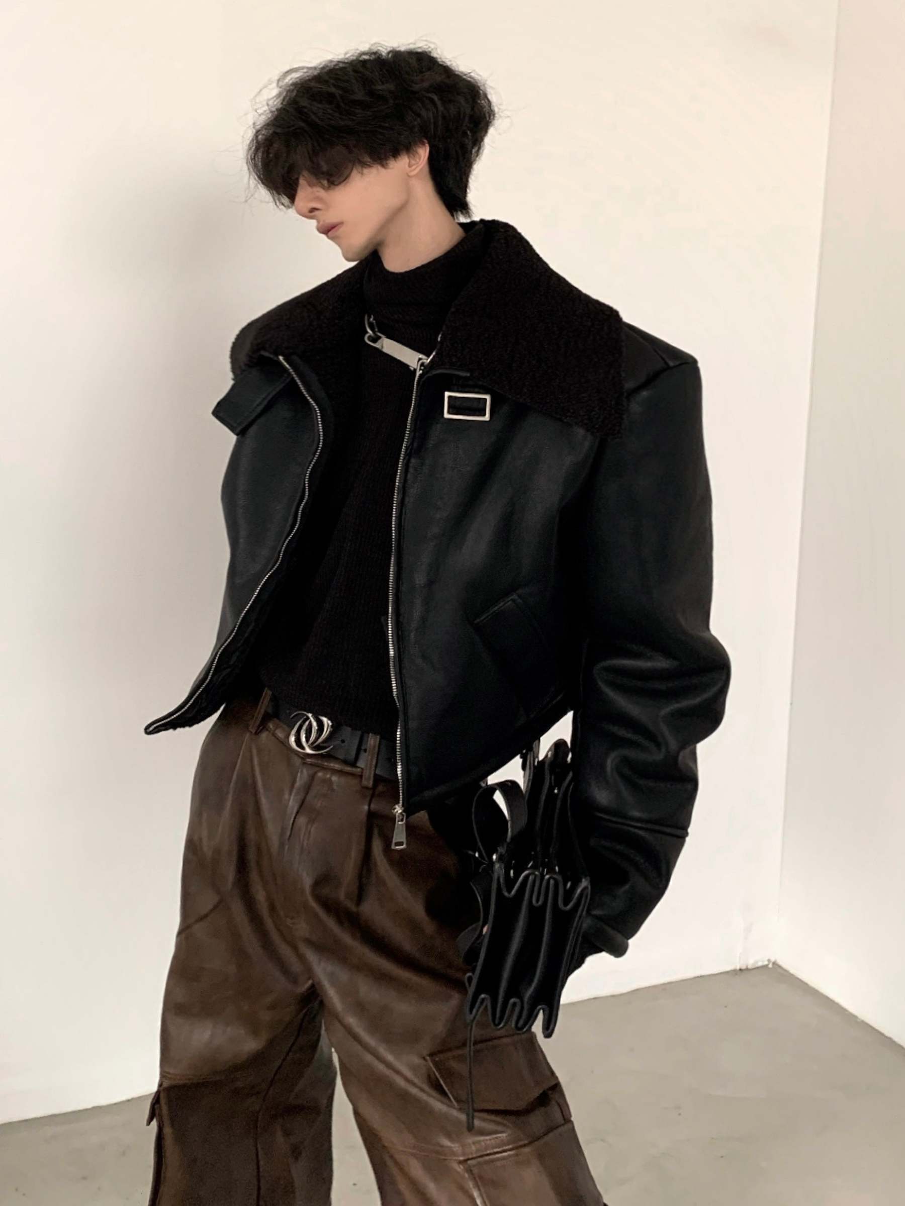 【23s November.】Short Silhouette Black Fur All-in-one Jacket-IYAMIUIO