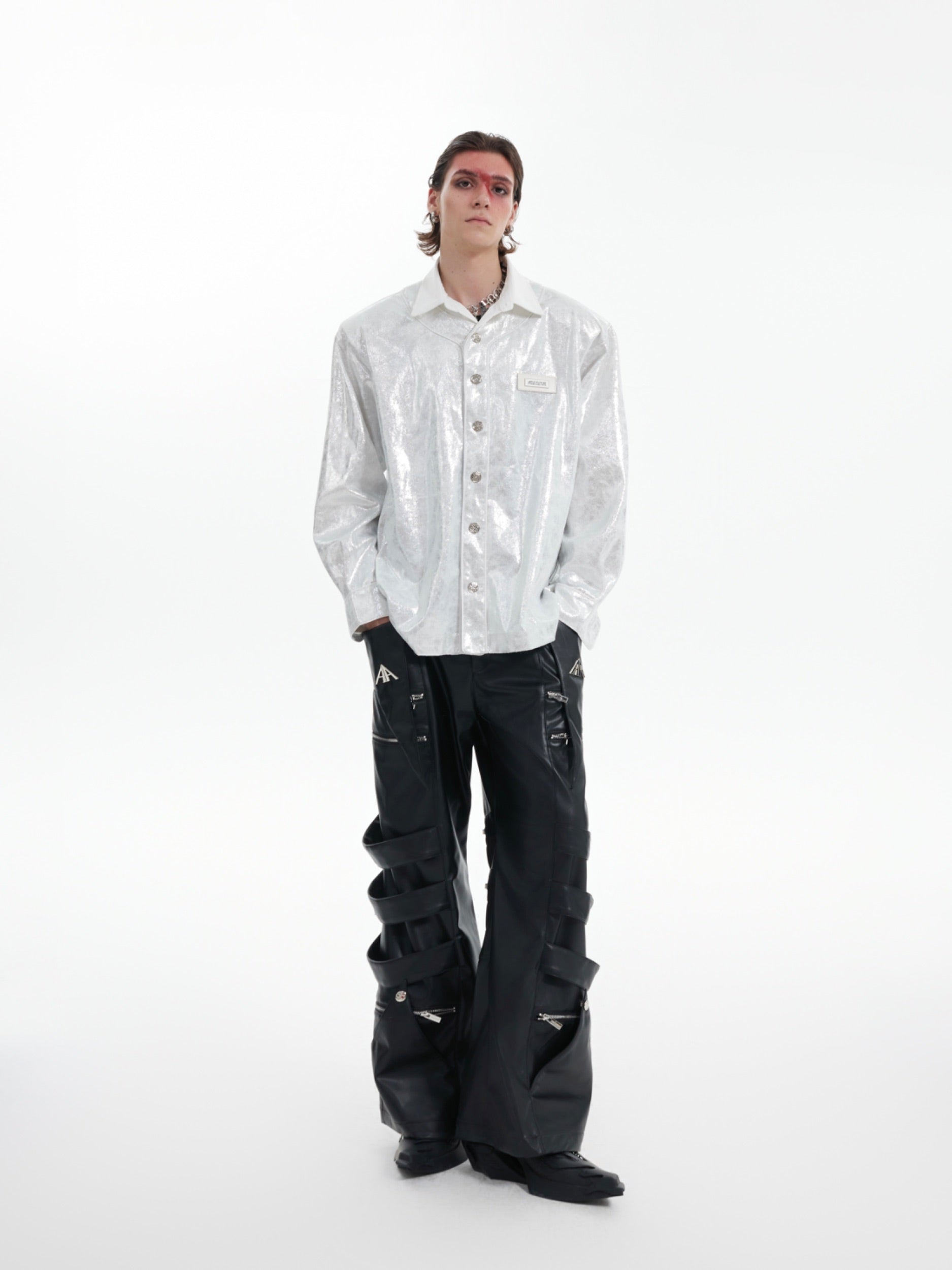 【24s Oct.】Liquid Texture Shiny Shoulder Pad Elegant Shirt-IYAMIUIO