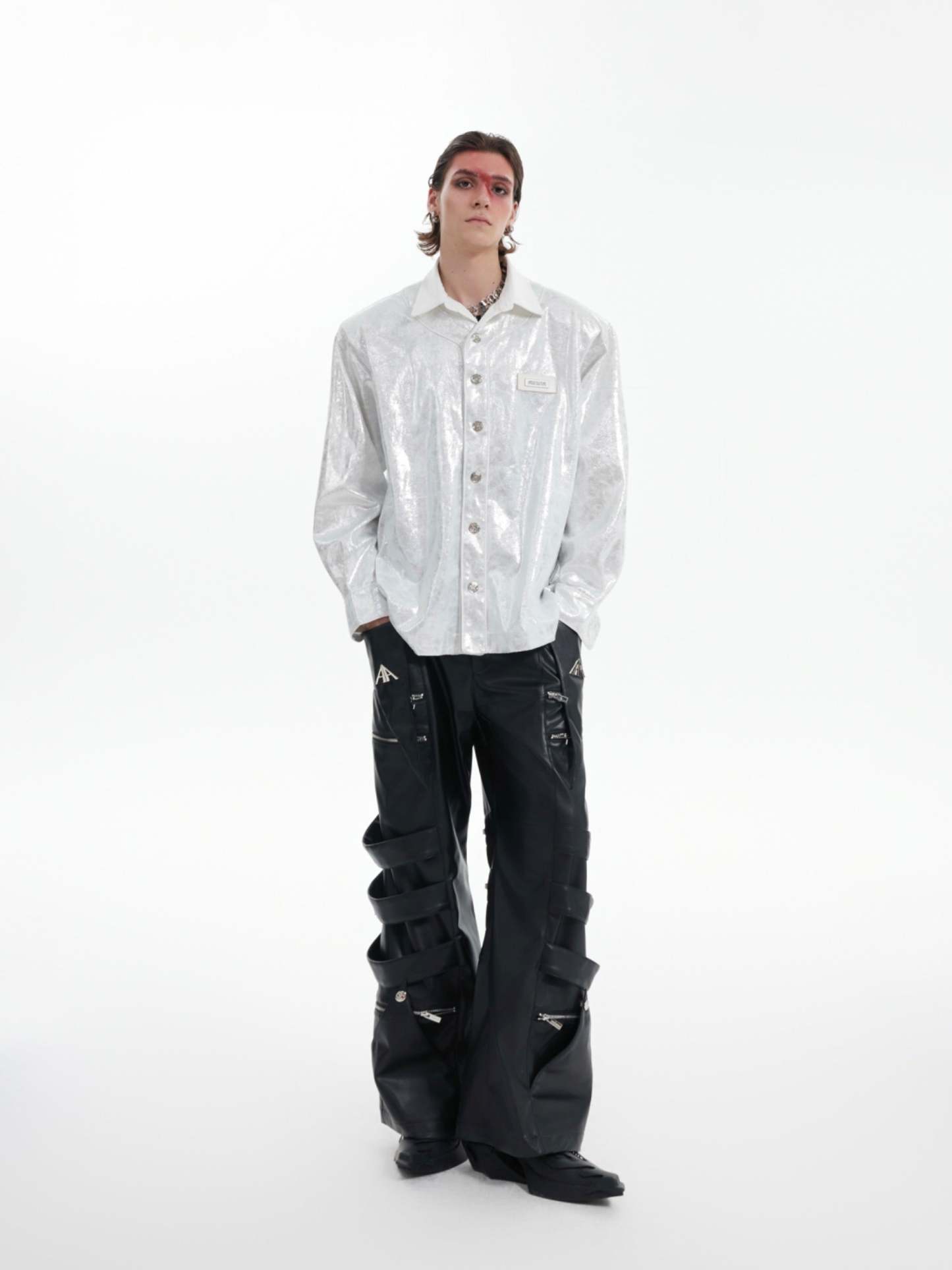 【24s Oct.】Liquid Texture Shiny Shoulder Pad Elegant Shirt-IYAMIUIO