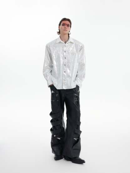 【24s Oct.】Liquid Texture Shiny Shoulder Pad Elegant Shirt-IYAMIUIO