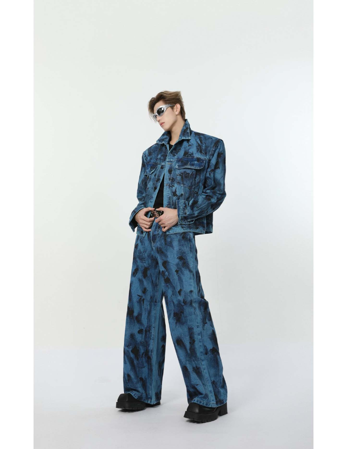 【24s Aug.】Spotted Shoulder Pad Loose Straight Denim Set-IYAMIUIO