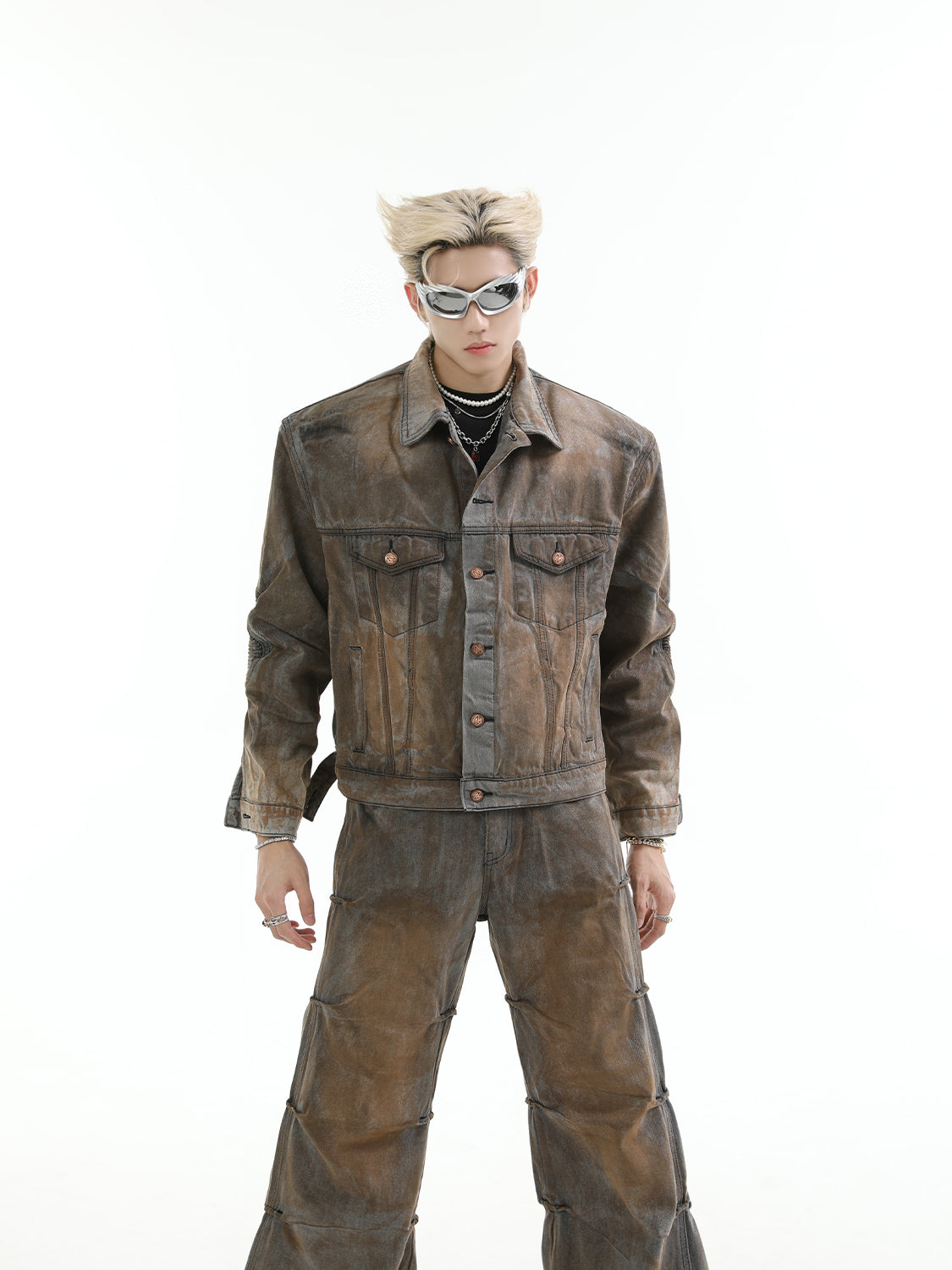 【24s Aug.】Mud-dyed Distressed Denim Shoulder Pad Jacket and Jeans Set-IYAMIUIO