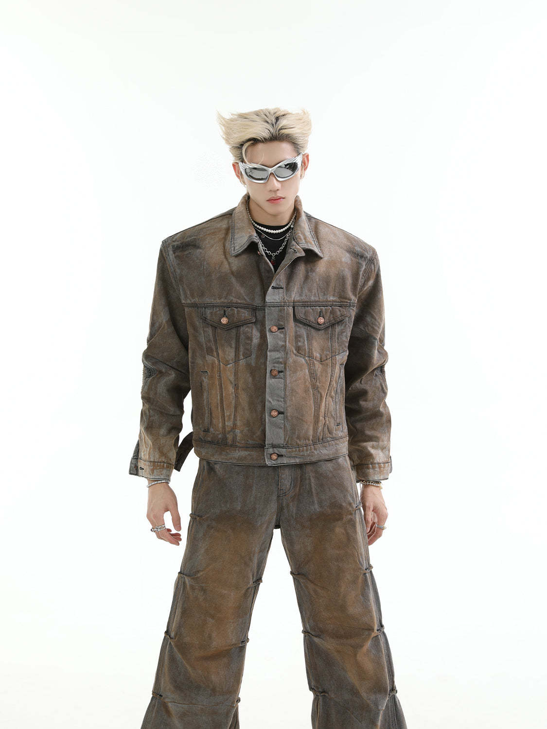 【24s Aug.】Mud-dyed Distressed Denim Shoulder Pad Jacket and Jeans Set-IYAMIUIO