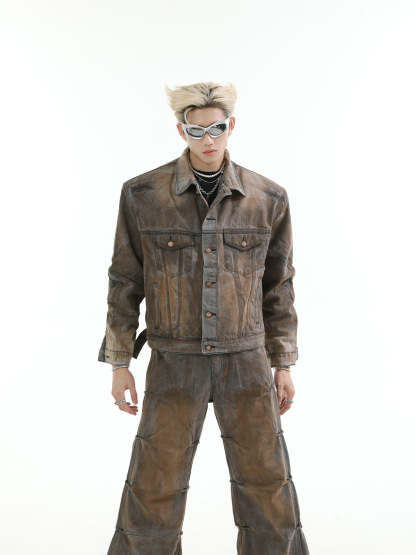 【24s Aug.】Mud-dyed Distressed Denim Shoulder Pad Jacket and Jeans Set-IYAMIUIO