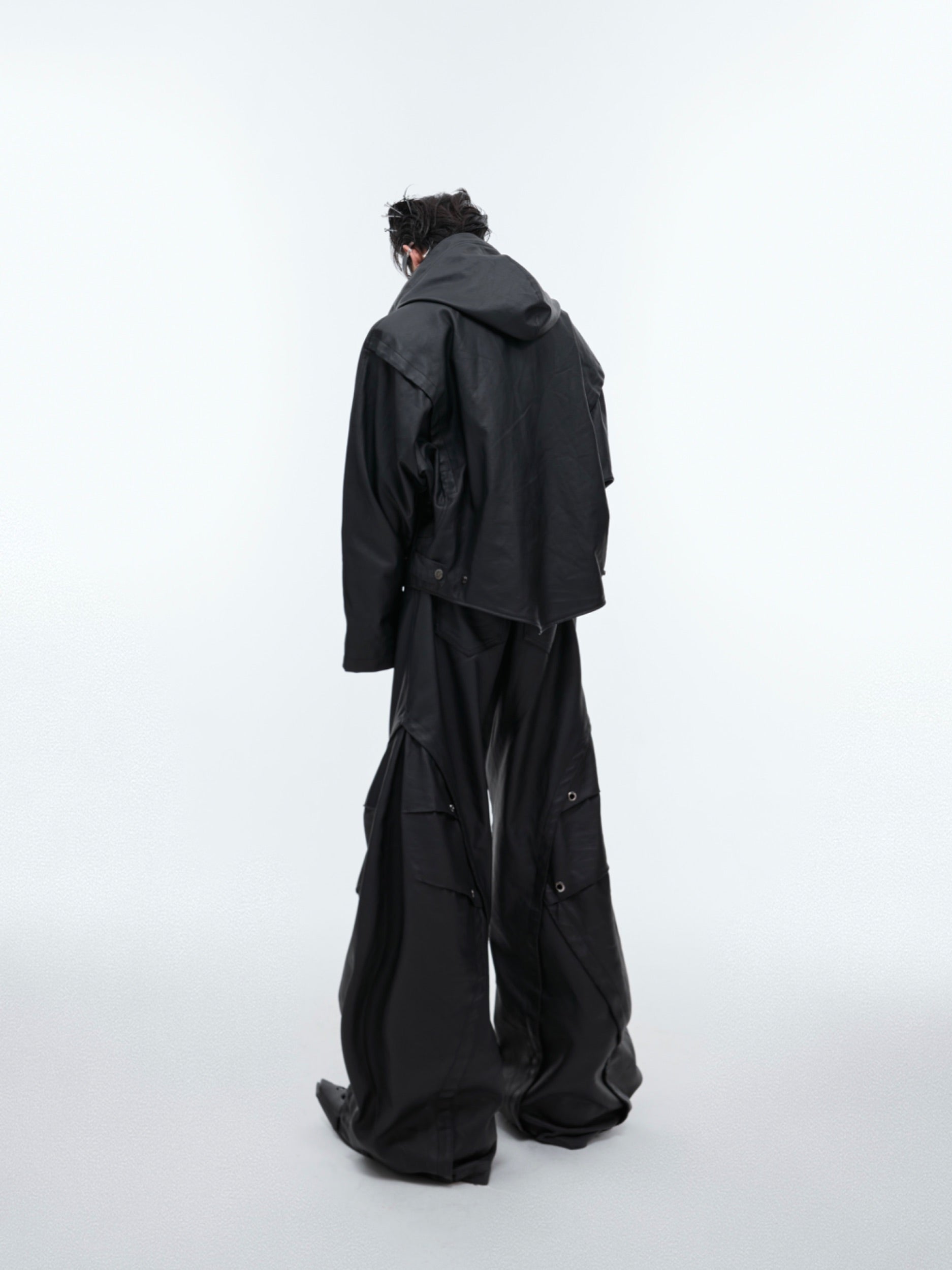 【24s Sep.】Hooded Leather Jacket with Metal Button Detail-IYAMIUIO