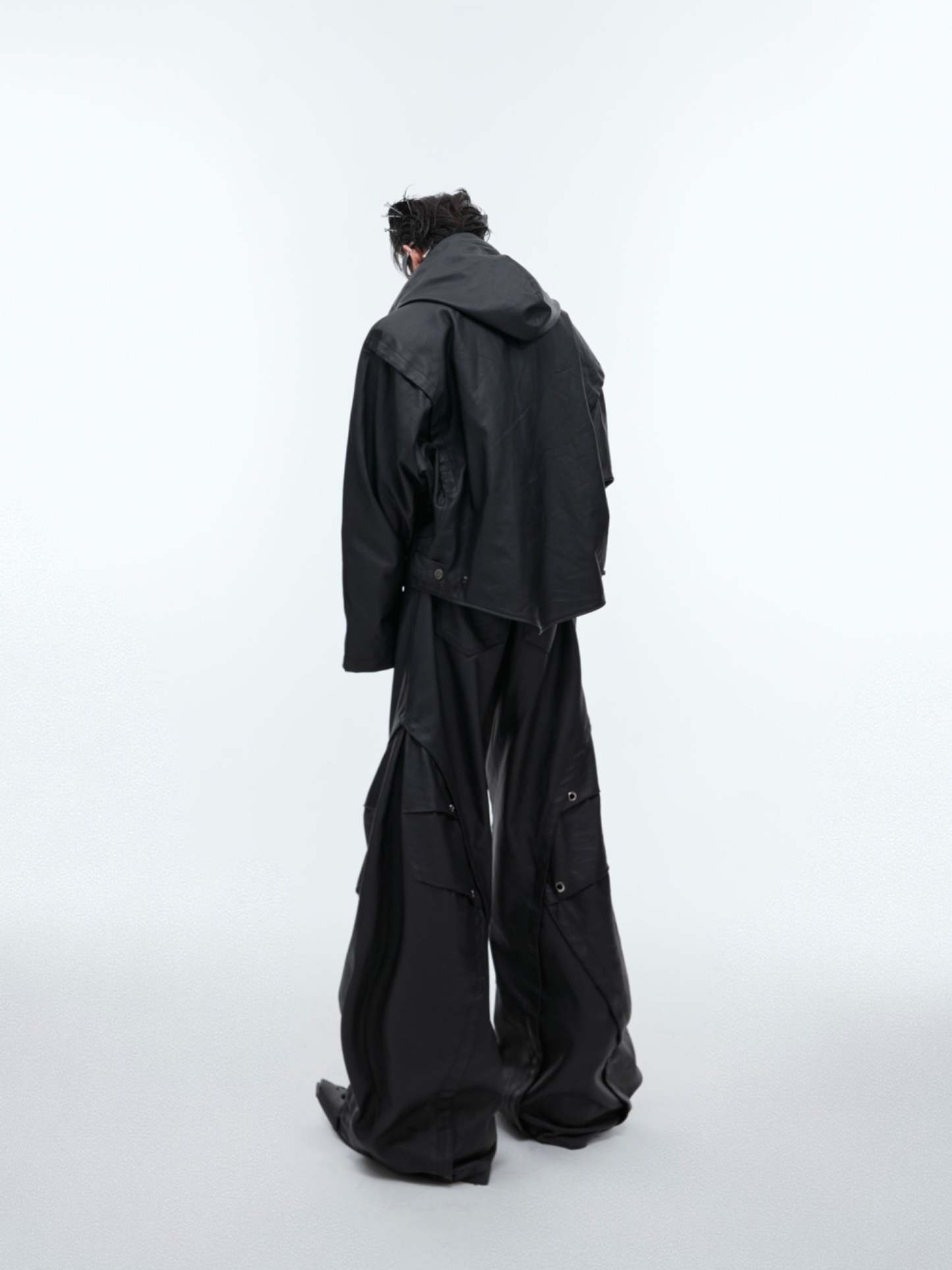 【24s Sep.】Hooded Leather Jacket with Metal Button Detail-IYAMIUIO