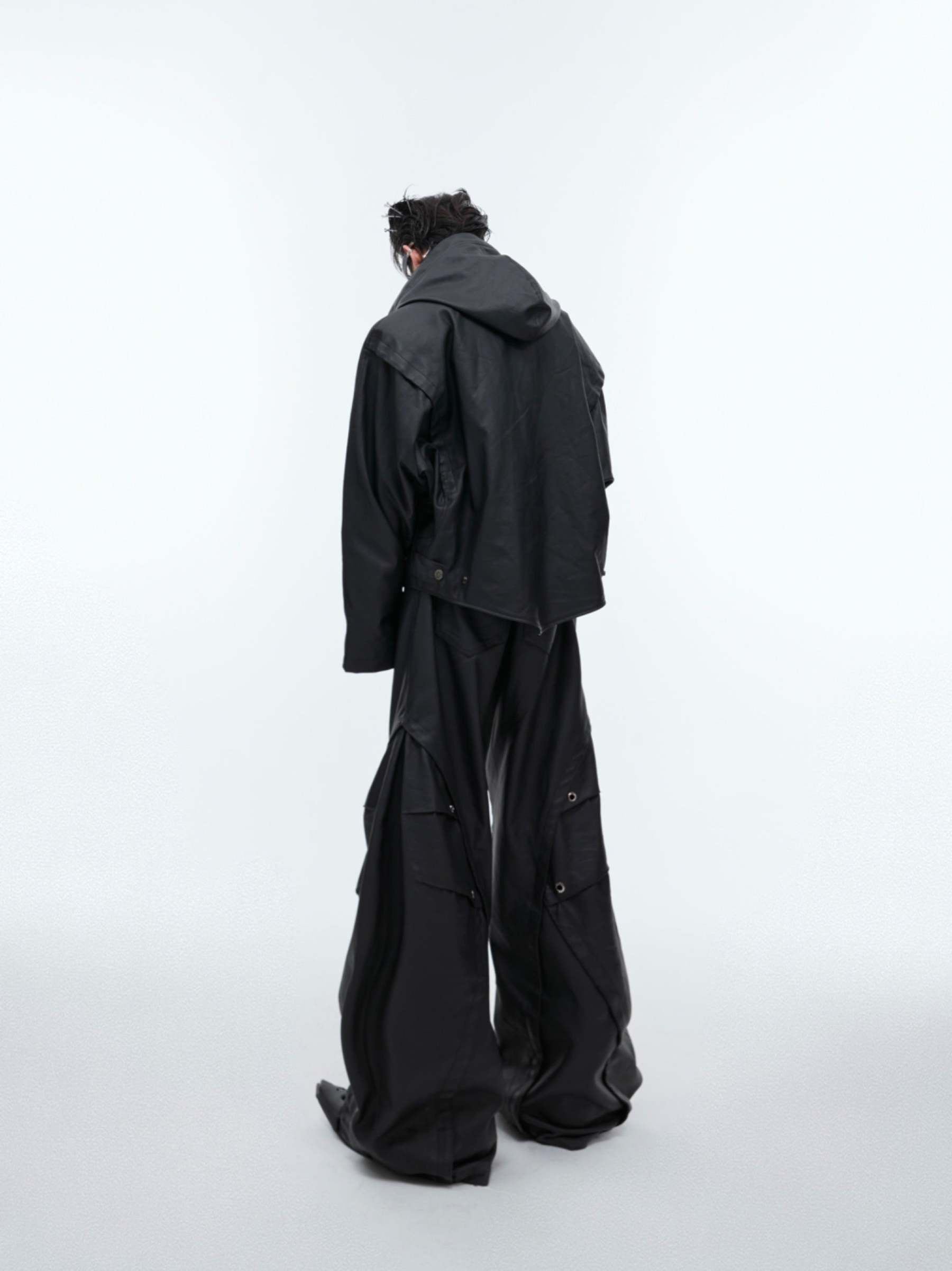 【24s Sep.】Hooded Leather Jacket with Metal Button Detail-IYAMIUIO