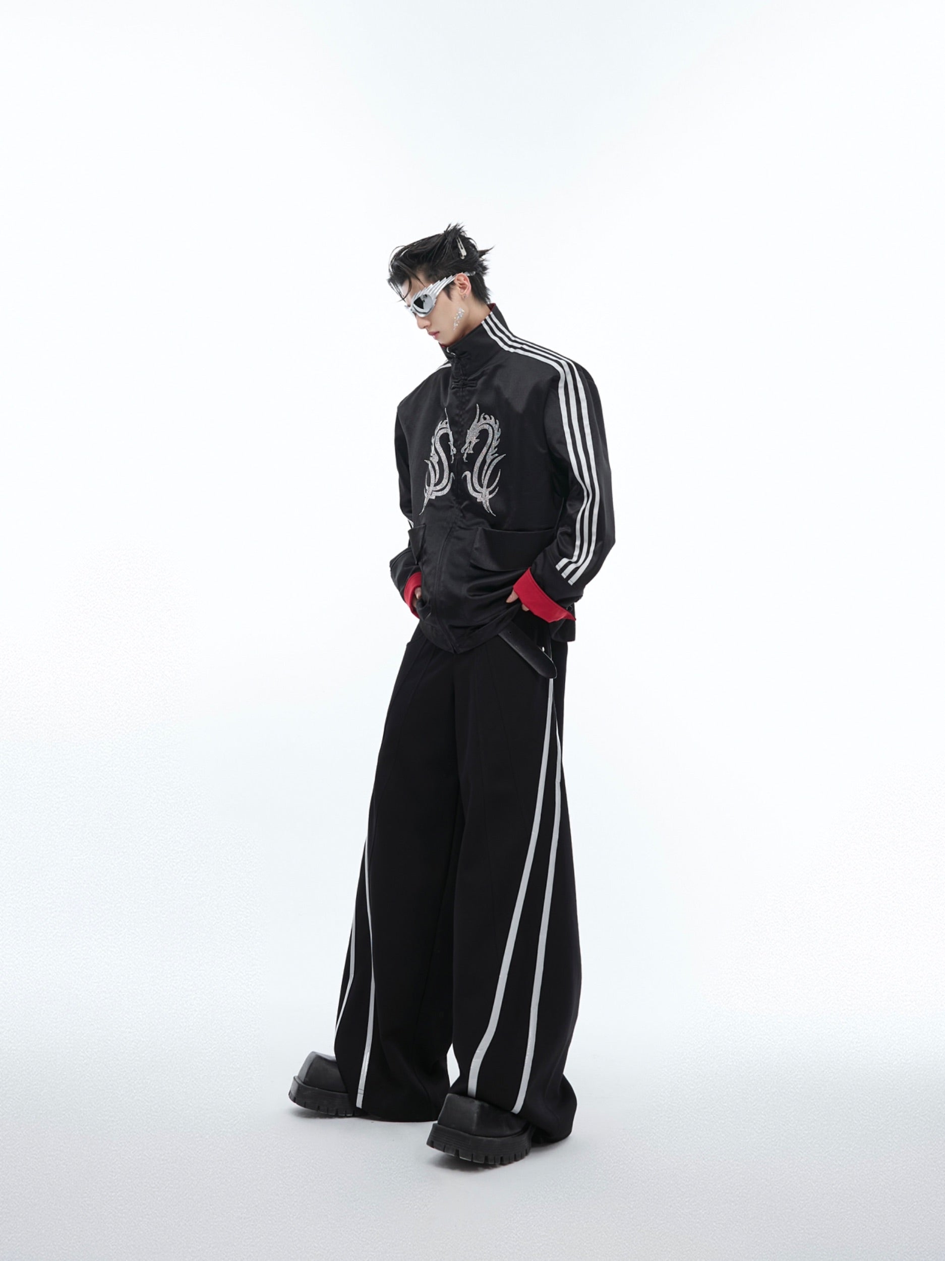 【24s May.】Stand-collar Disc-button Dragon-print Diamond-embellished Jacket-IYAMIUIO