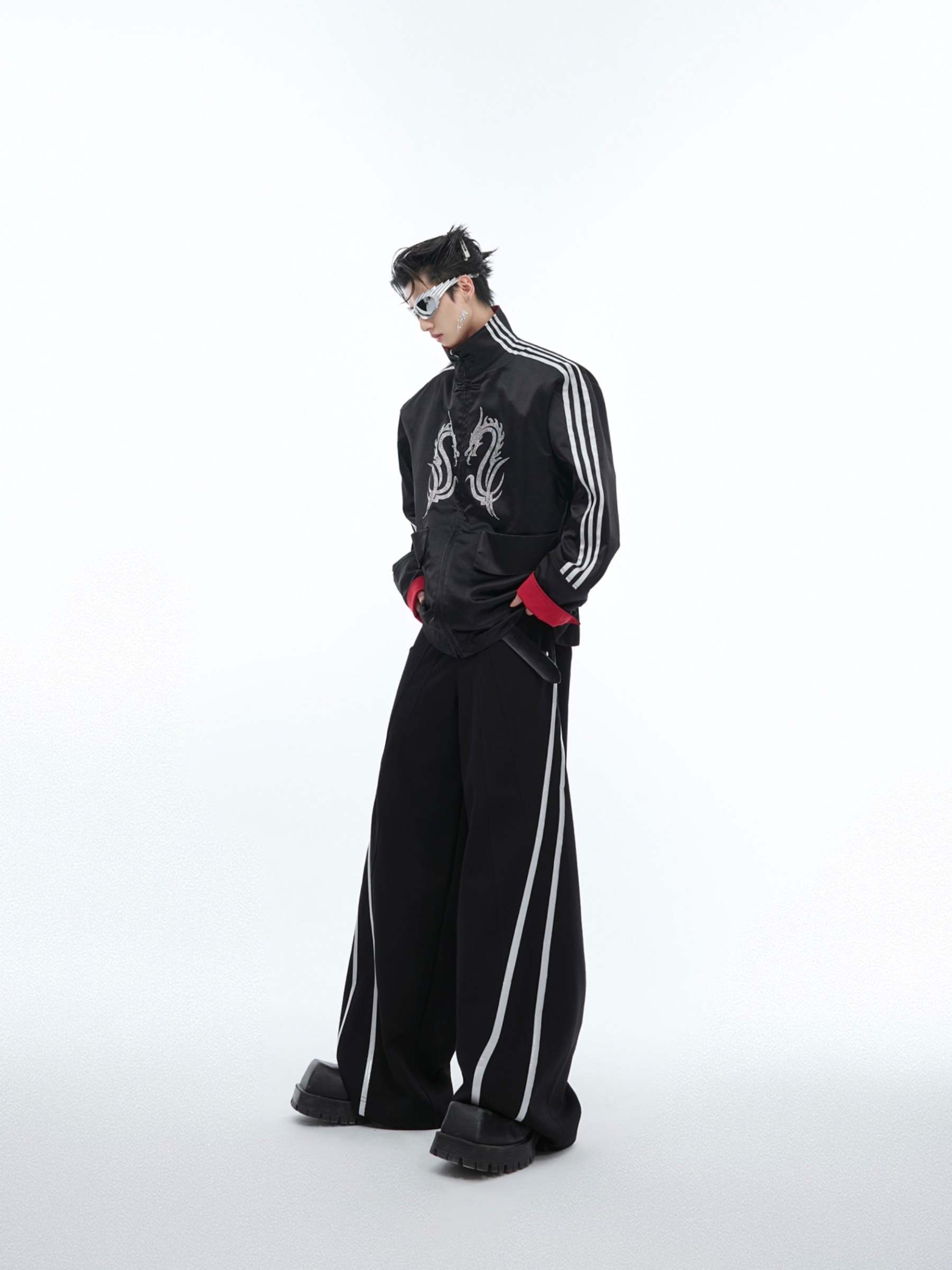 【24s May.】Stand-collar Disc-button Dragon-print Diamond-embellished Jacket-IYAMIUIO