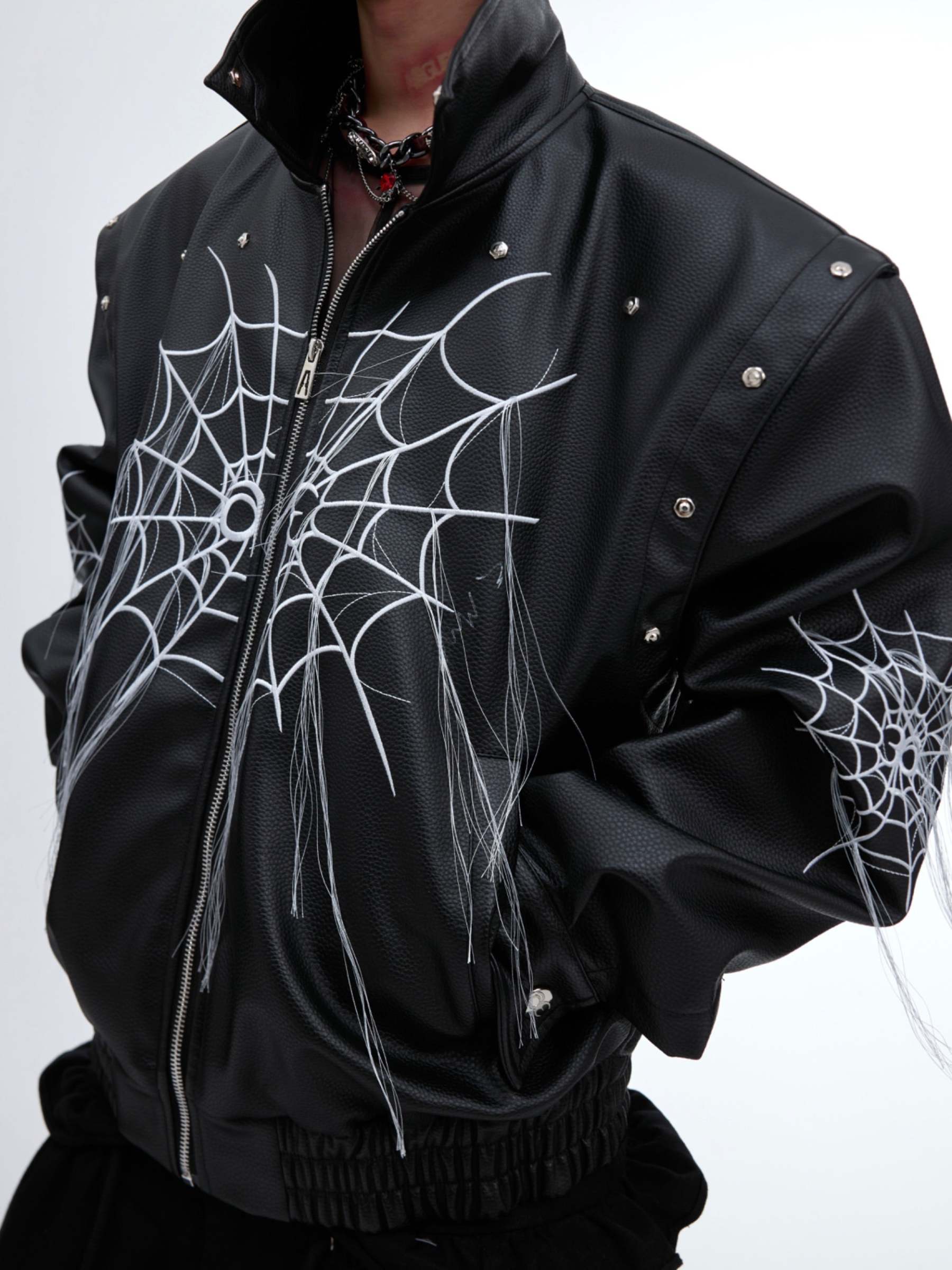 【24s Sep.】Spiderweb Metal Studded Tassel Leather Jacket-IYAMIUIO