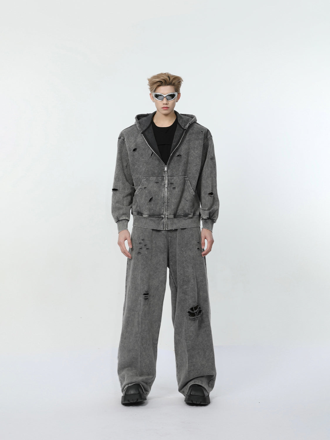 【24s March.】Destroyed Washed Distressed Hooded Cardigan Baggy Pants Suit-IYAMIUIO
