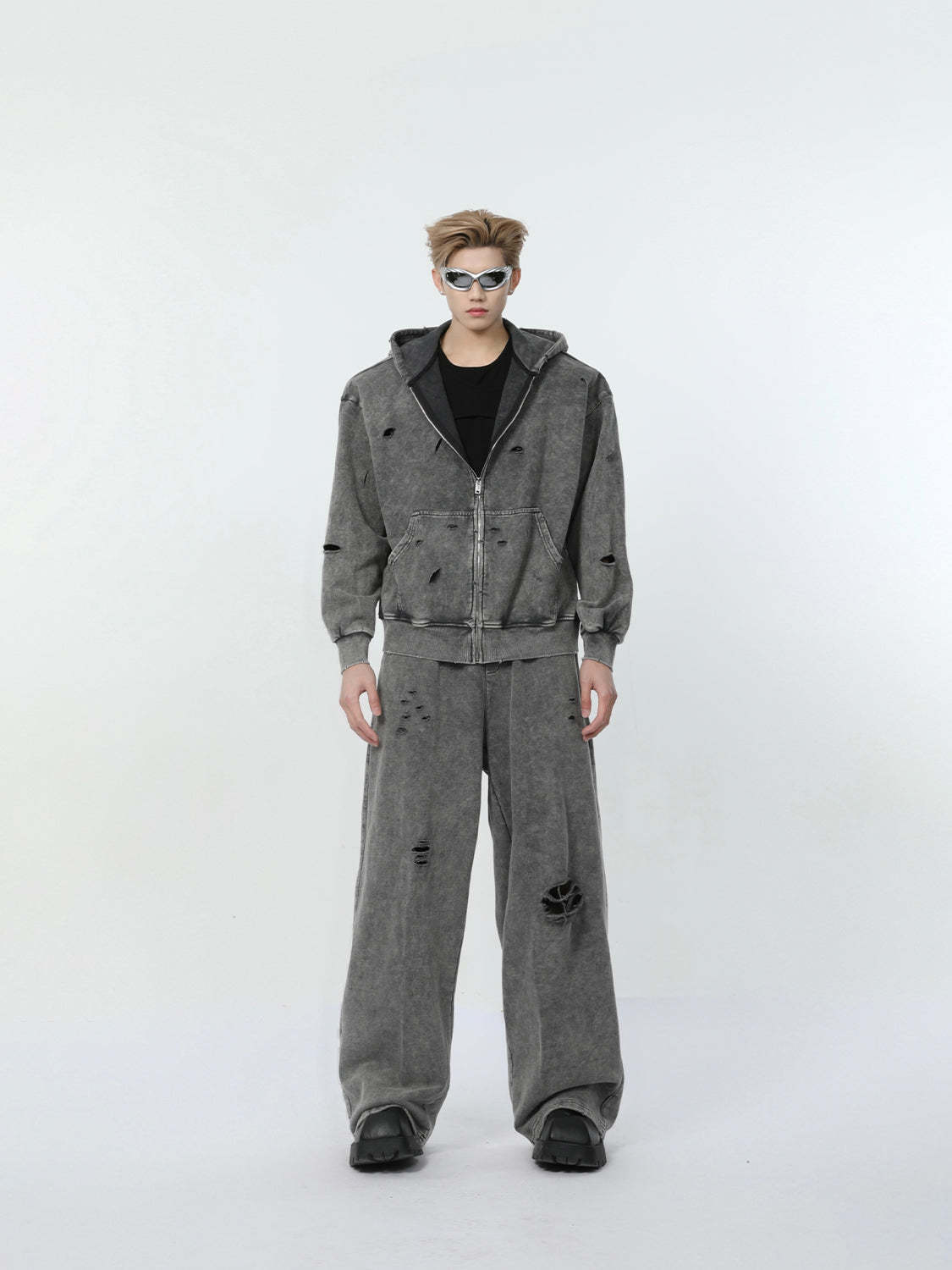 【24s March.】Destroyed Washed Distressed Hooded Cardigan Baggy Pants Suit-IYAMIUIO