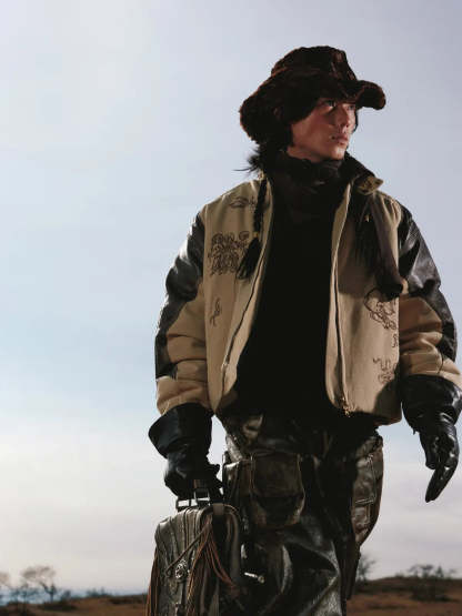 Personsoul Leather Patchwork Cotton Jacket-IYAMIUIO