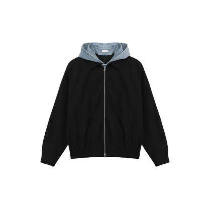 【24s March.】Denim Patchwork Fake Two Piece Hooded Jacket-IYAMIUIO