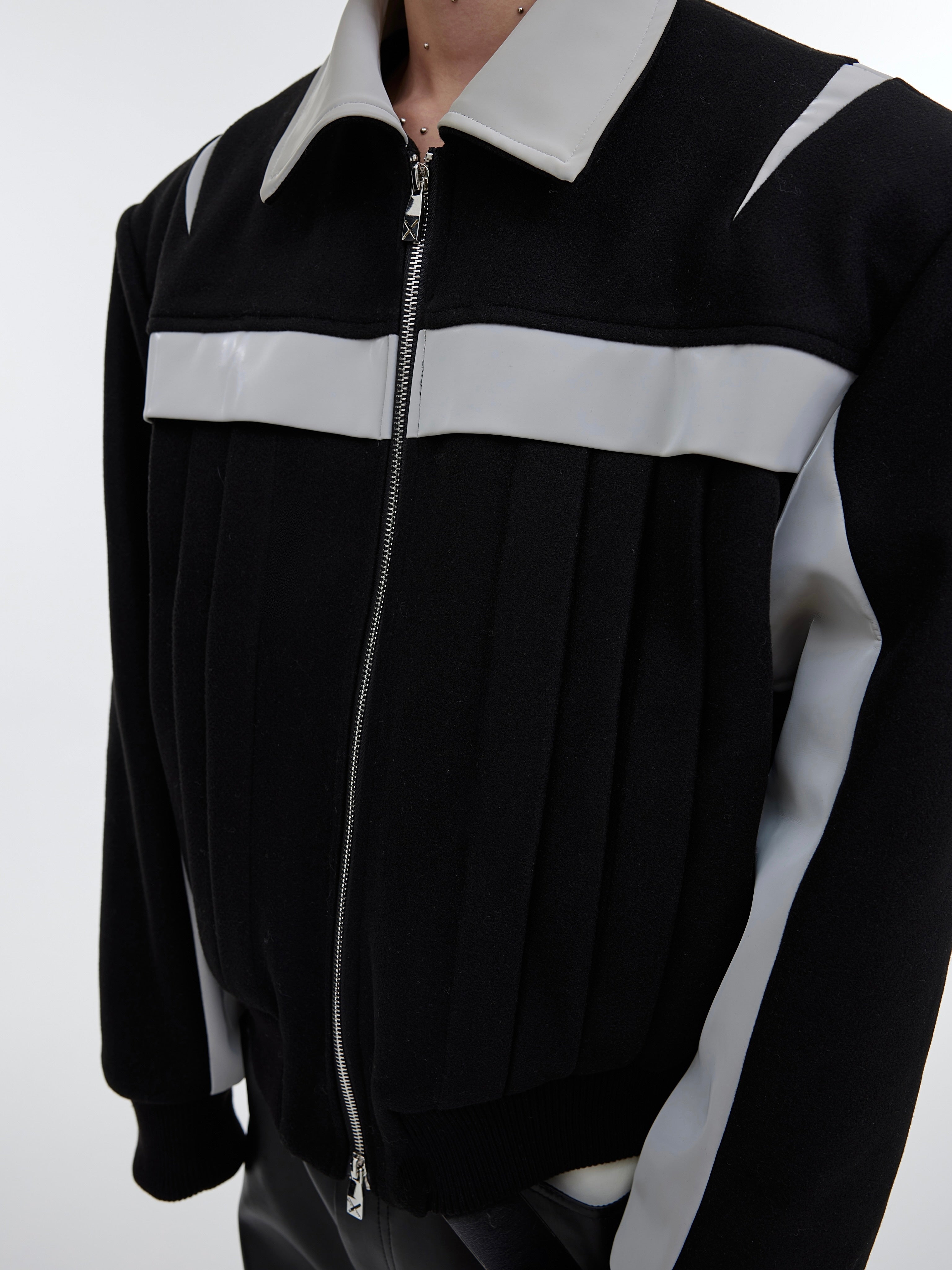 【23s November.】Deconstructed Split Glossy PU Leather Patchwork Woolen Jacket-IYAMIUIO