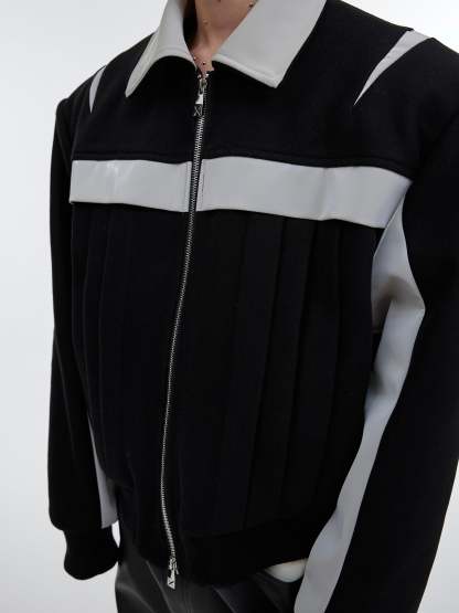 【23s November.】Deconstructed Split Glossy PU Leather Patchwork Woolen Jacket-IYAMIUIO