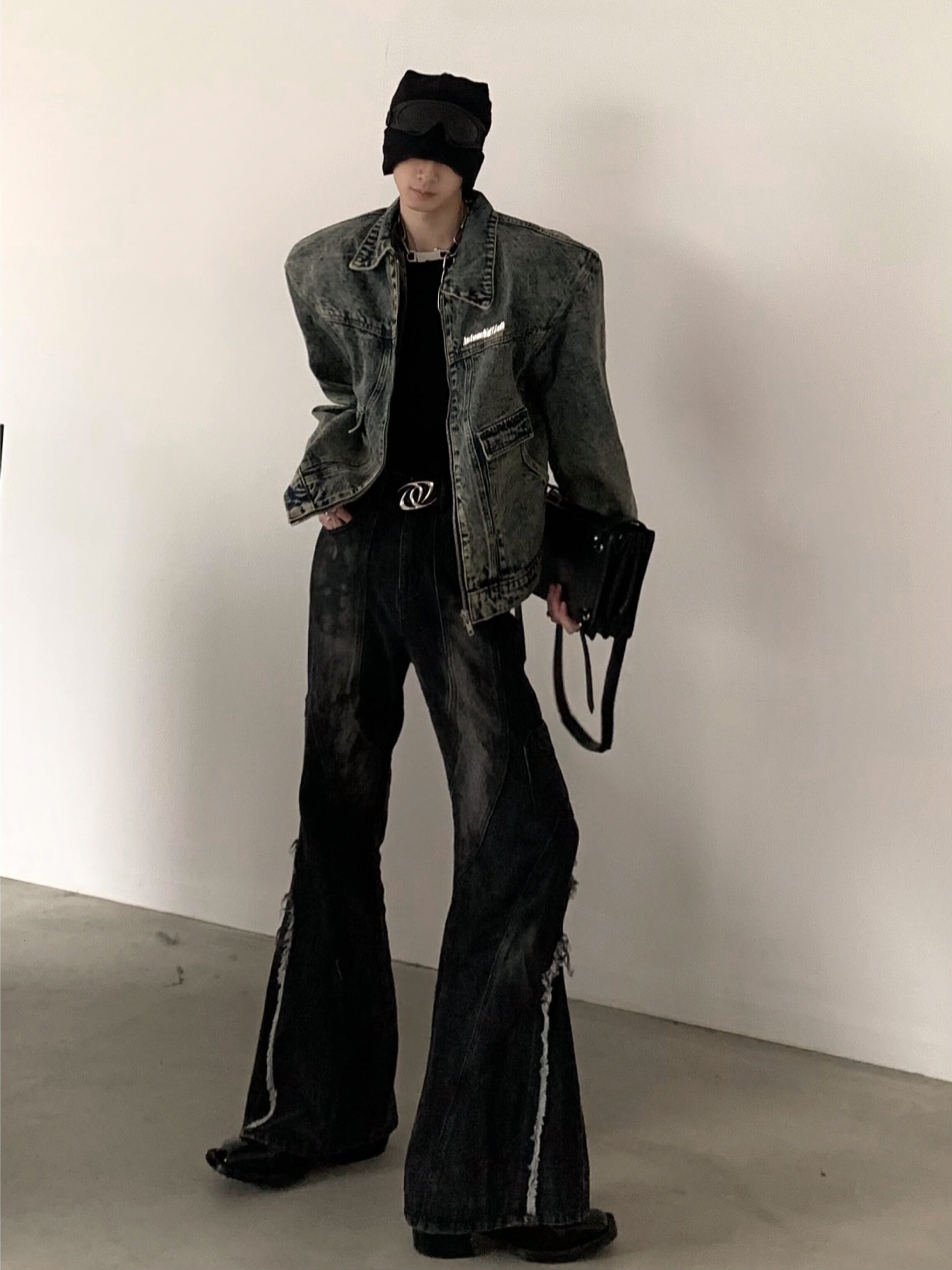 【24s March.】Retro Two-tone Shoulder Padded Denim Jacket-IYAMIUIO