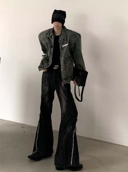 【24s March.】Retro Two-tone Shoulder Padded Denim Jacket-IYAMIUIO