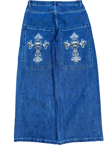 Blue Wide Leg GLOE Skull Cross Jeans-IYAMIUIO