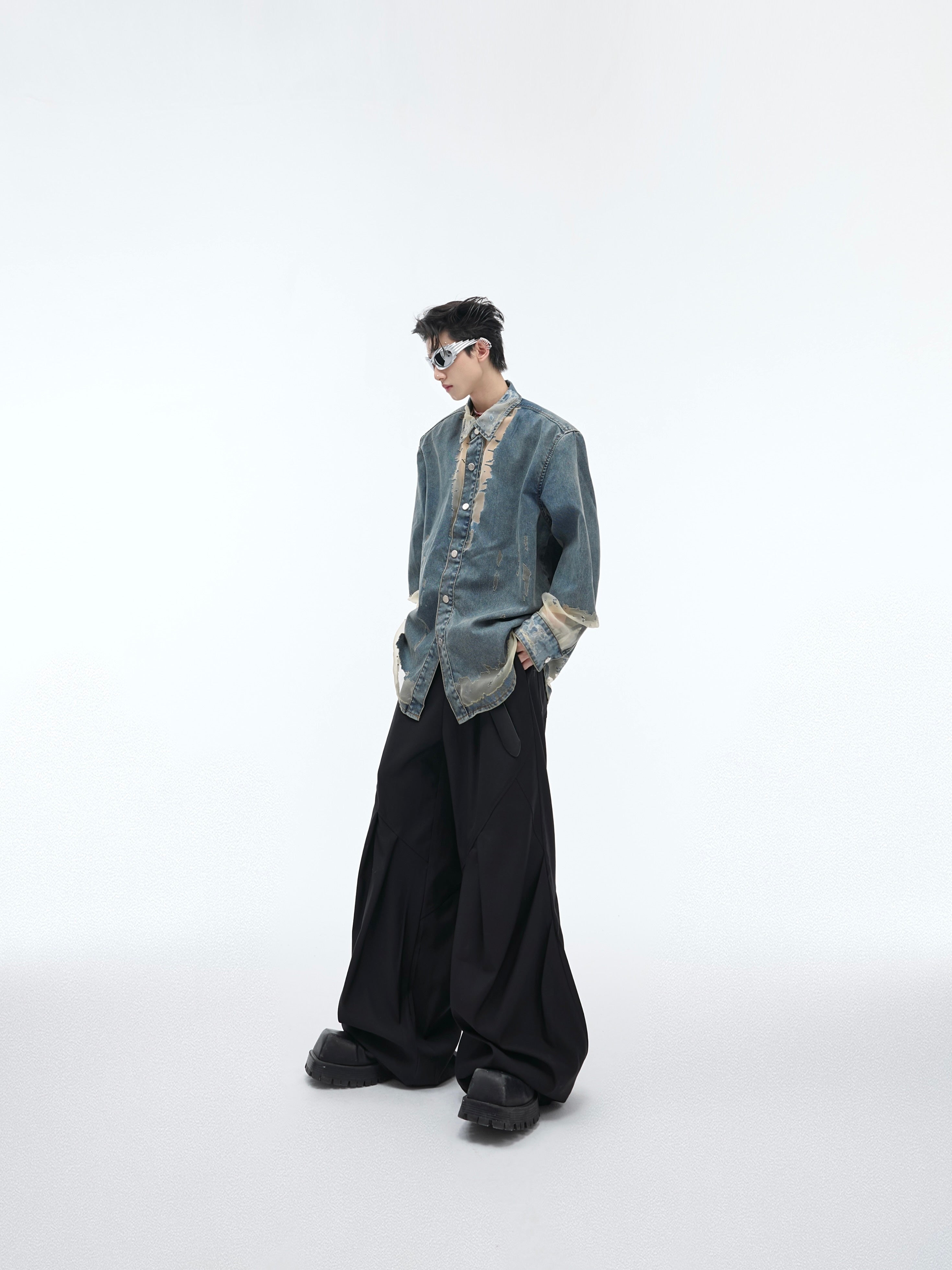 【24s April.】Mesh Hollow Design Denim Shirt-IYAMIUIO