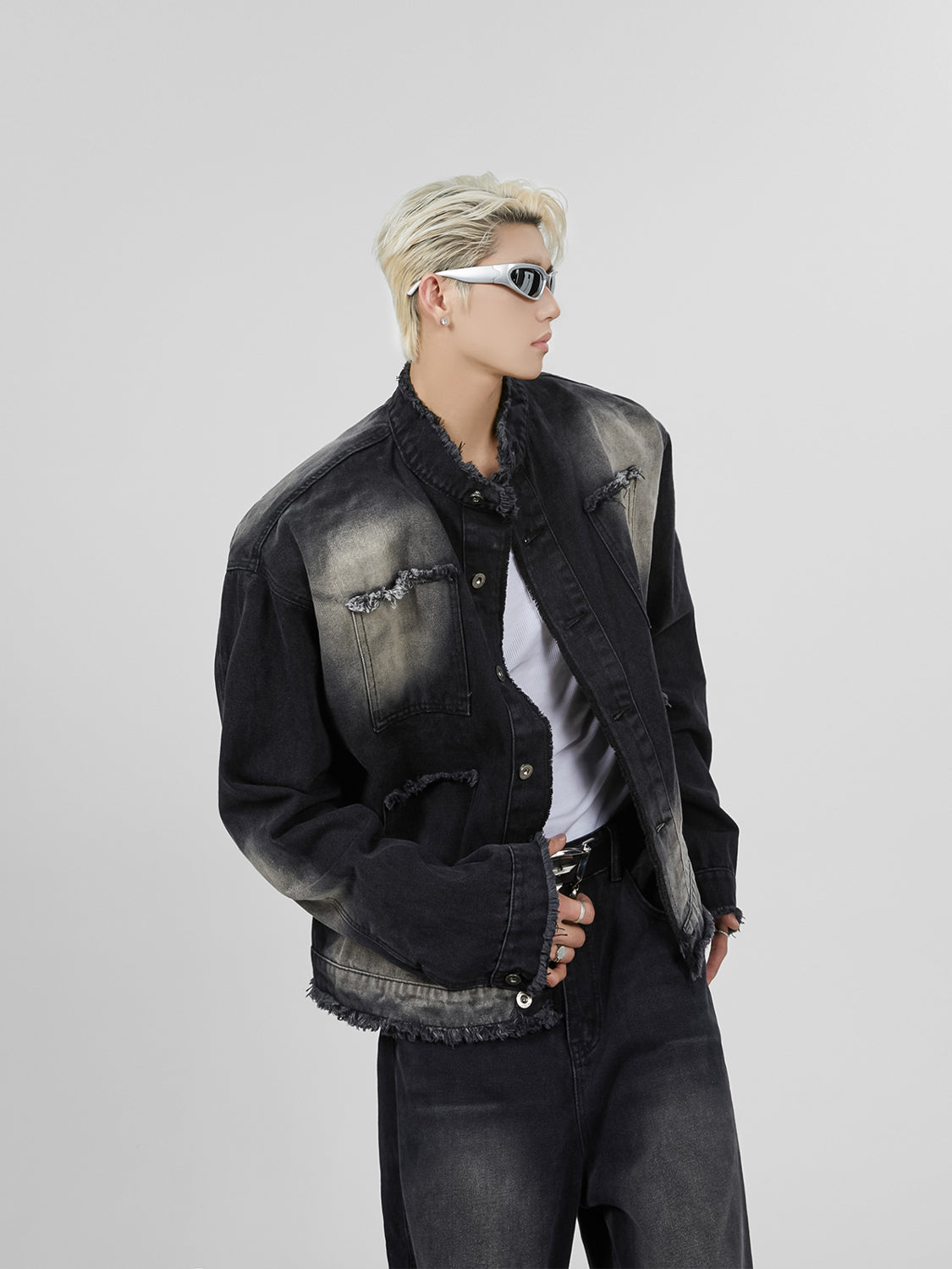 【23s November.】Distressed Brushed Stand Collar Denim Jacket-IYAMIUIO