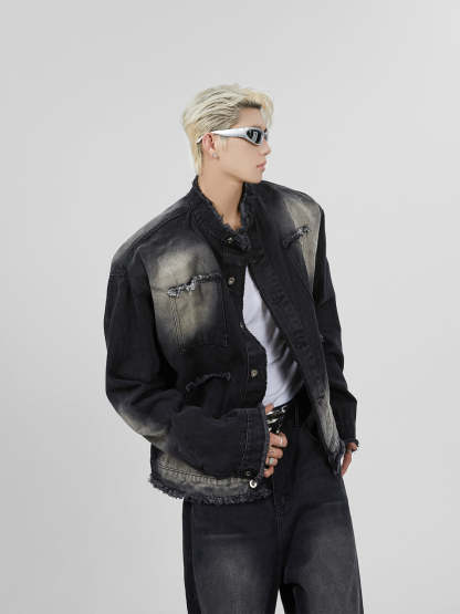 【23s November.】Distressed Brushed Stand Collar Denim Jacket-IYAMIUIO