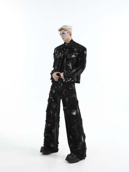 【24s Aug.】 Ink Splash Deconstructed Ripped Denim Suit-IYAMIUIO