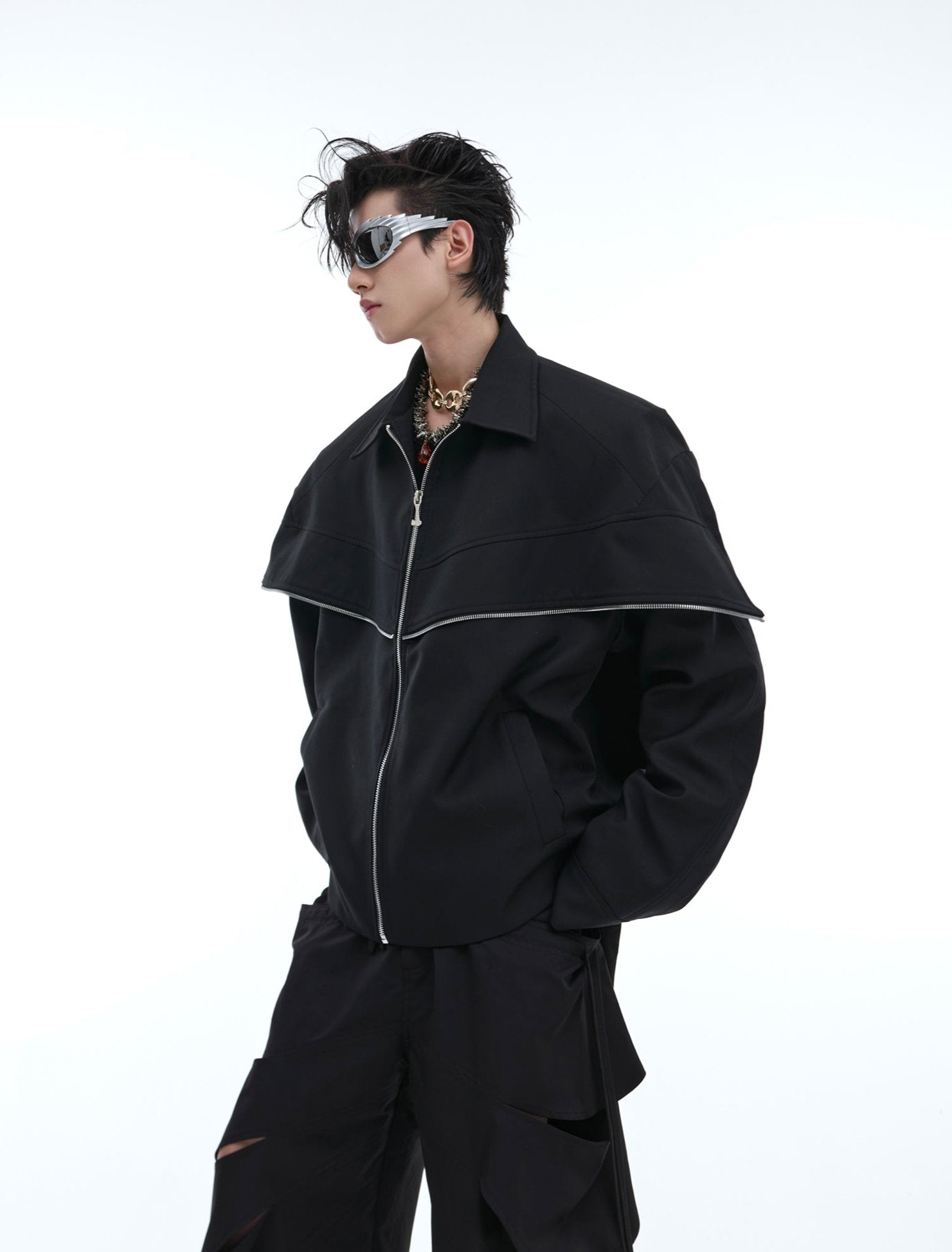 【24s Aug.】Deconstructed Metallic Cape Patchwork Jacket-IYAMIUIO