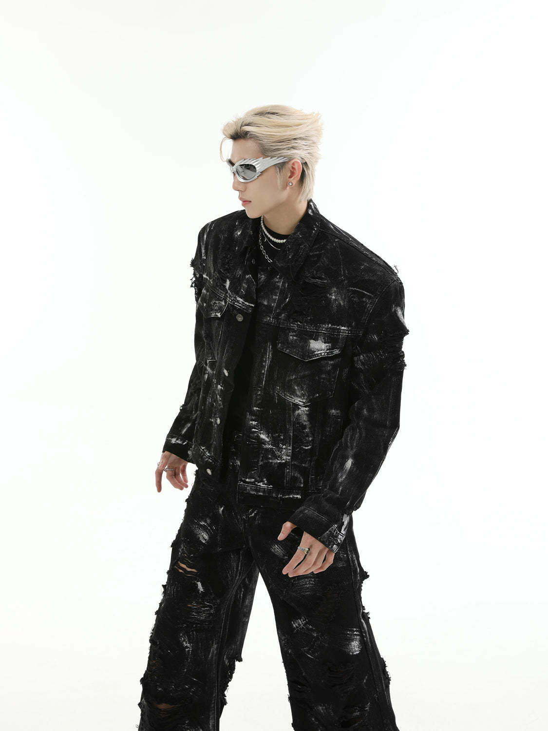 【24s Aug.】 Ink Splash Deconstructed Ripped Denim Suit-IYAMIUIO