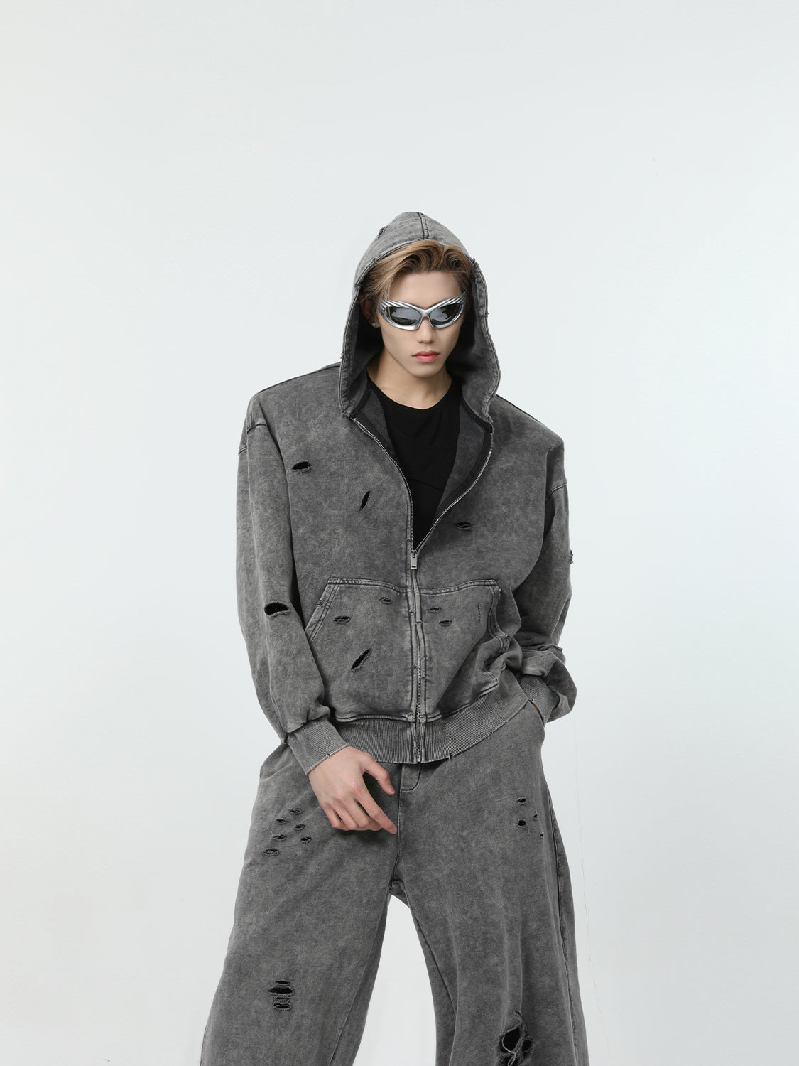 【24s March.】Destroyed Washed Distressed Hooded Cardigan Baggy Pants Suit-IYAMIUIO