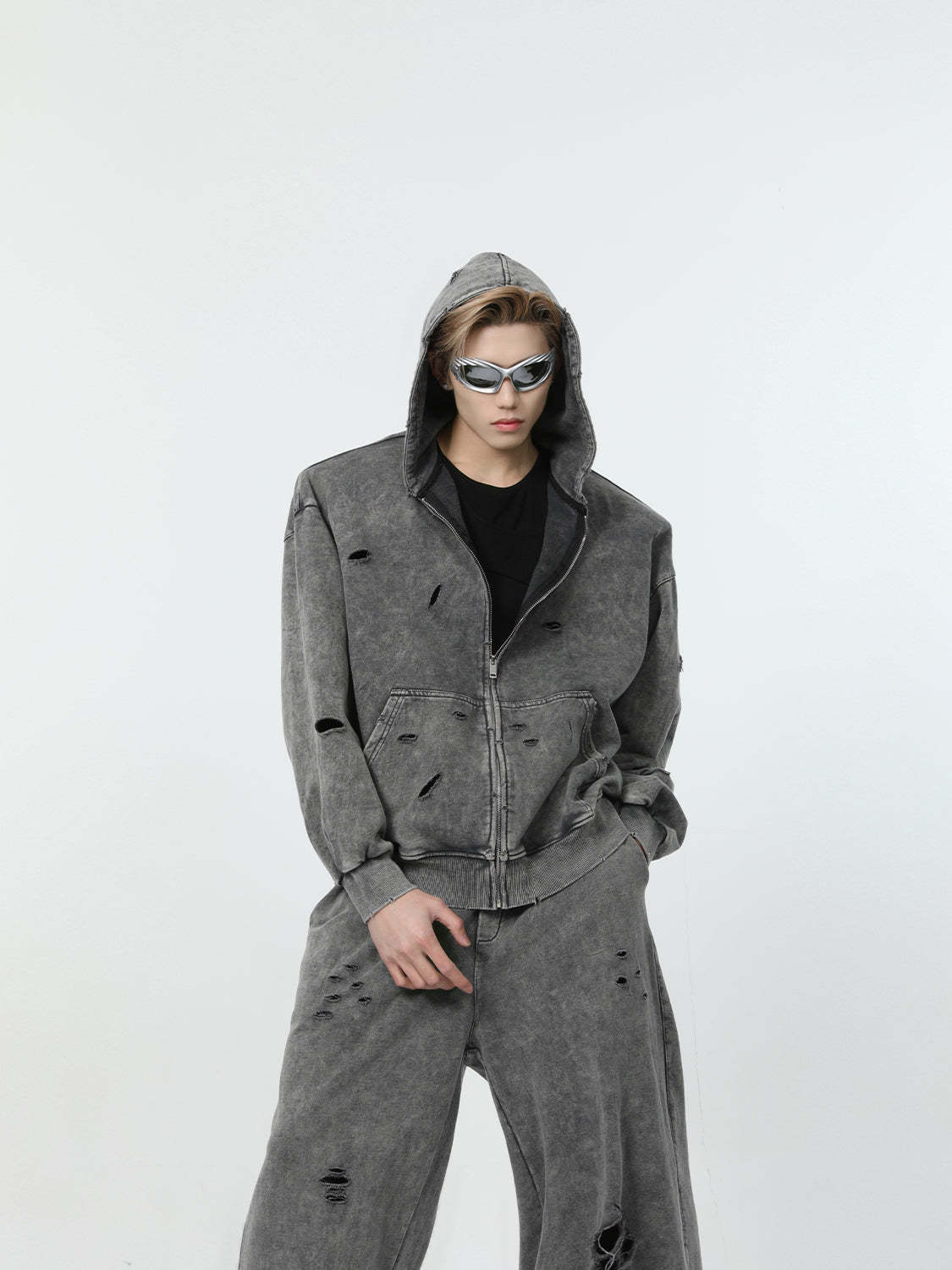 【24s March.】Destroyed Washed Distressed Hooded Cardigan Baggy Pants Suit-IYAMIUIO