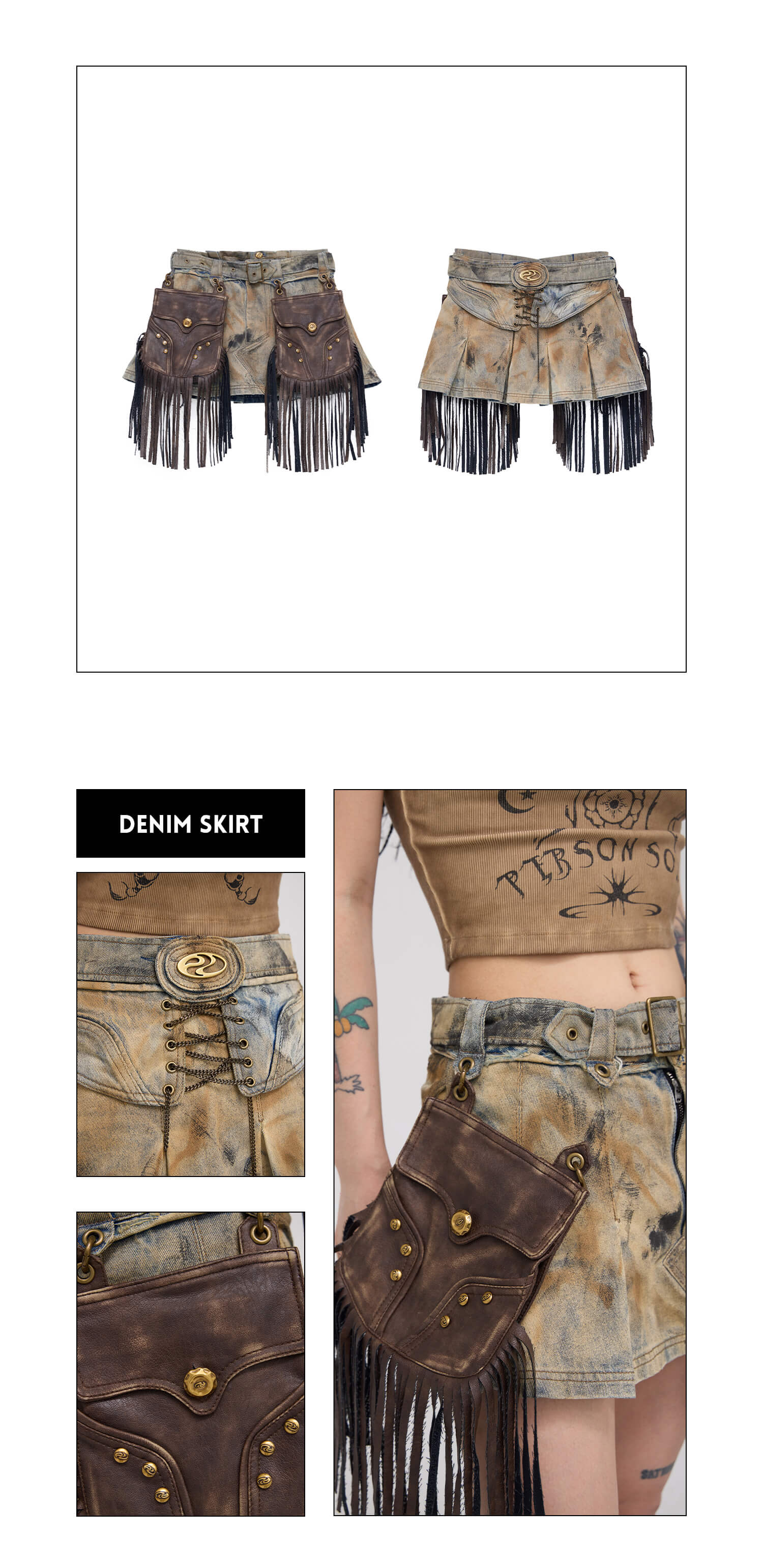 Personsoul Detachable Leather Denim Mini Skirt-IYAMIUIO