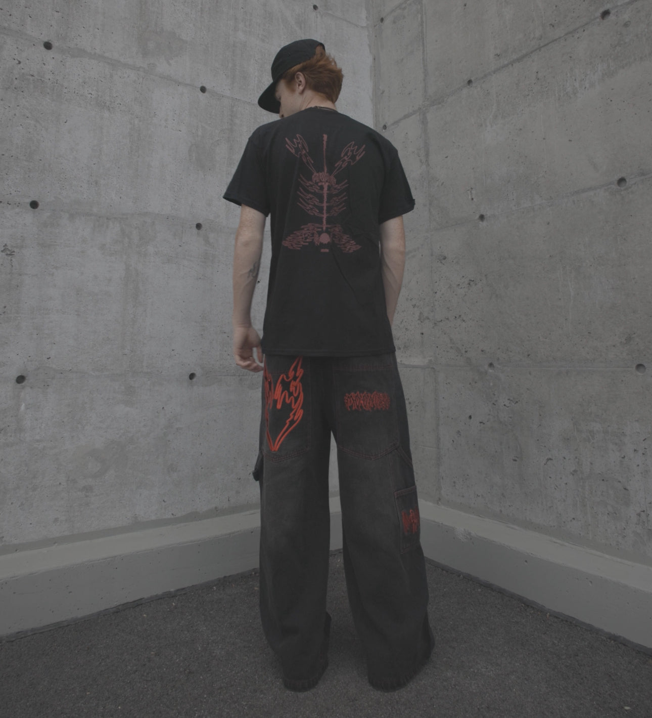 RED LOVELESS DOUBLE KNEES CARPENTER WIDE-LEG DENIMS.