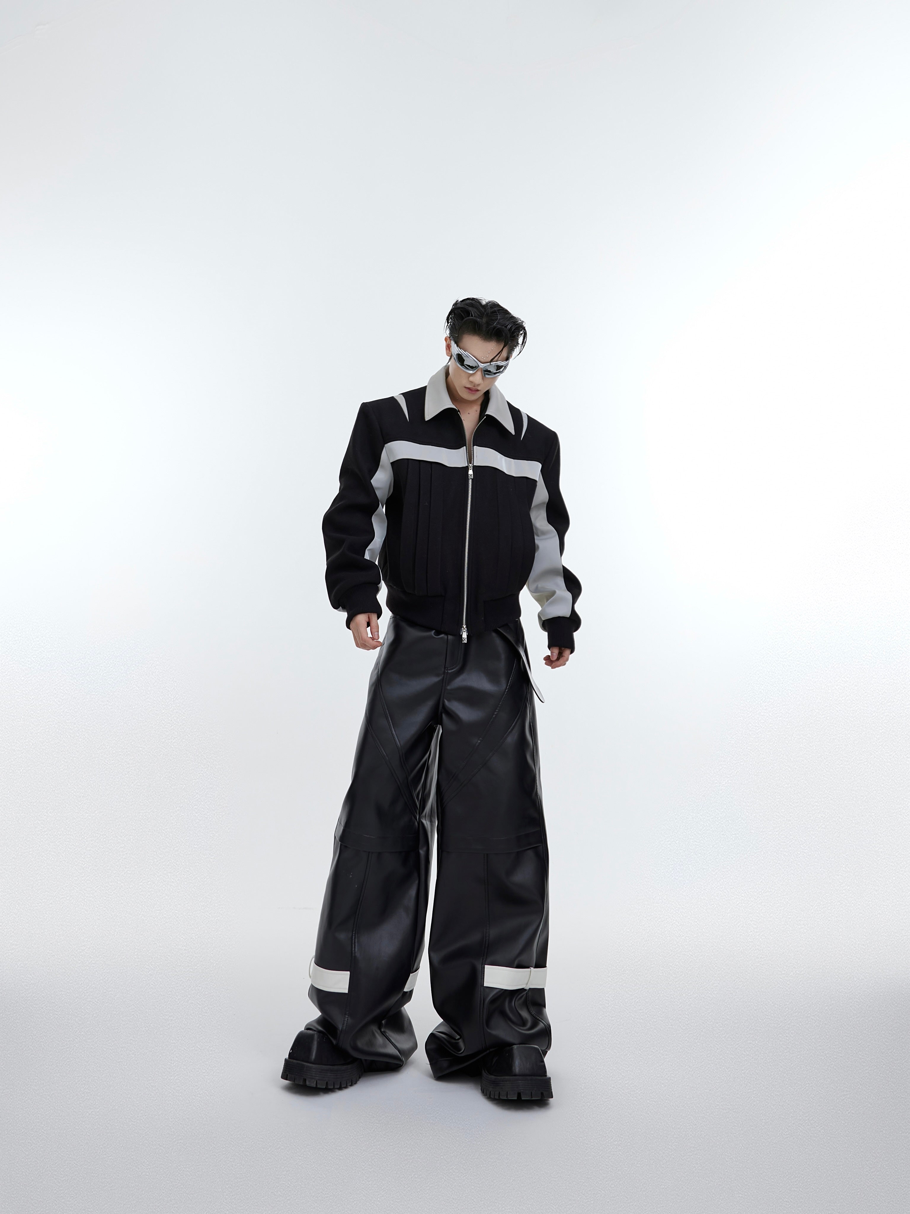 【23s November.】Deconstructed Split Glossy PU Leather Patchwork Woolen Jacket-IYAMIUIO