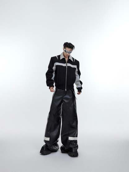 【23s November.】Deconstructed Split Glossy PU Leather Patchwork Woolen Jacket-IYAMIUIO