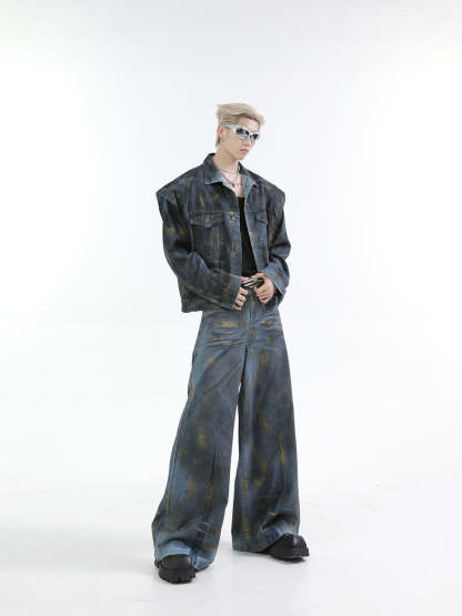 【24s Oct.】Heavy Paint Fashionable Denim Jacket + Jeans-IYAMIUIO