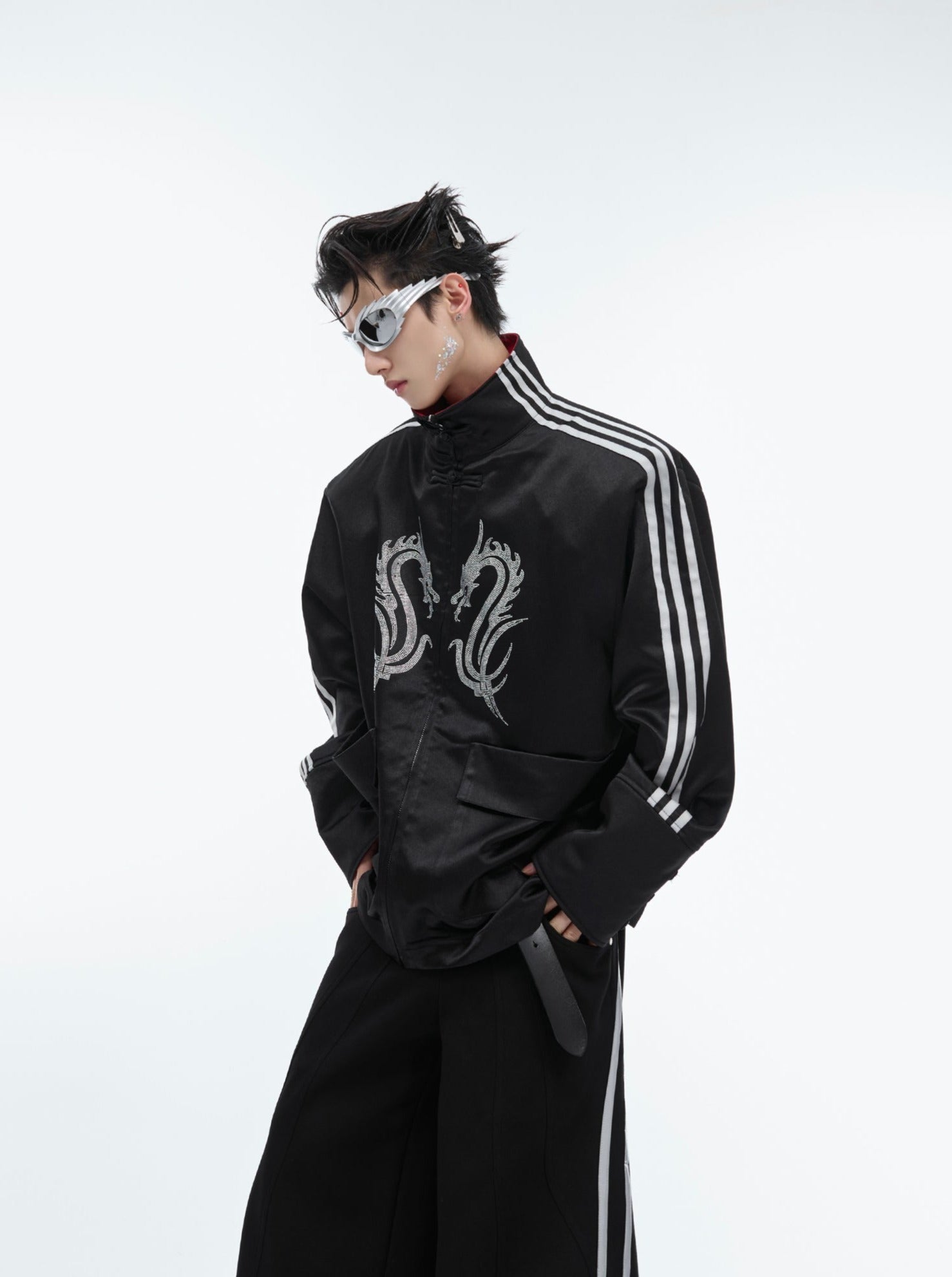 【24s May.】Stand-collar Disc-button Dragon-print Diamond-embellished Jacket-IYAMIUIO