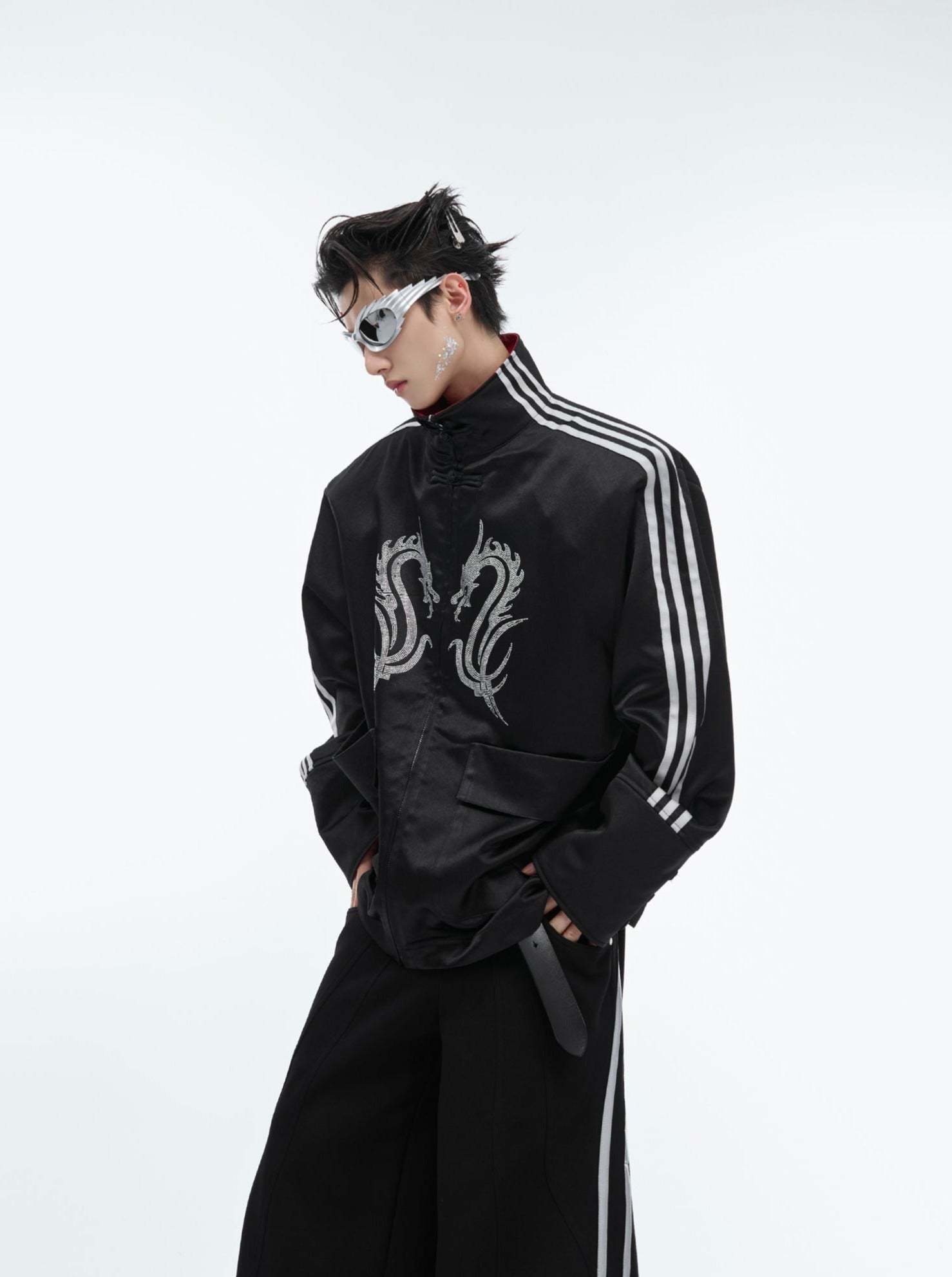 【24s May.】Stand-collar Disc-button Dragon-print Diamond-embellished Jacket-IYAMIUIO