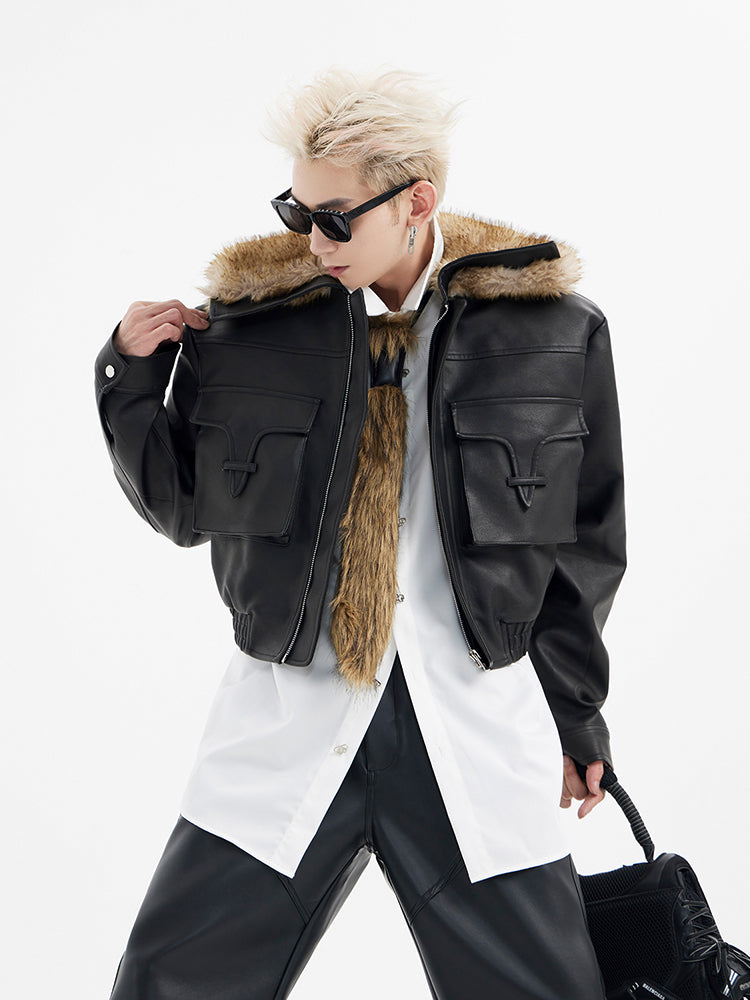 【24s January.】Ultra Short Pocket Leather Biker Fur Collar Jacket-IYAMIUIO