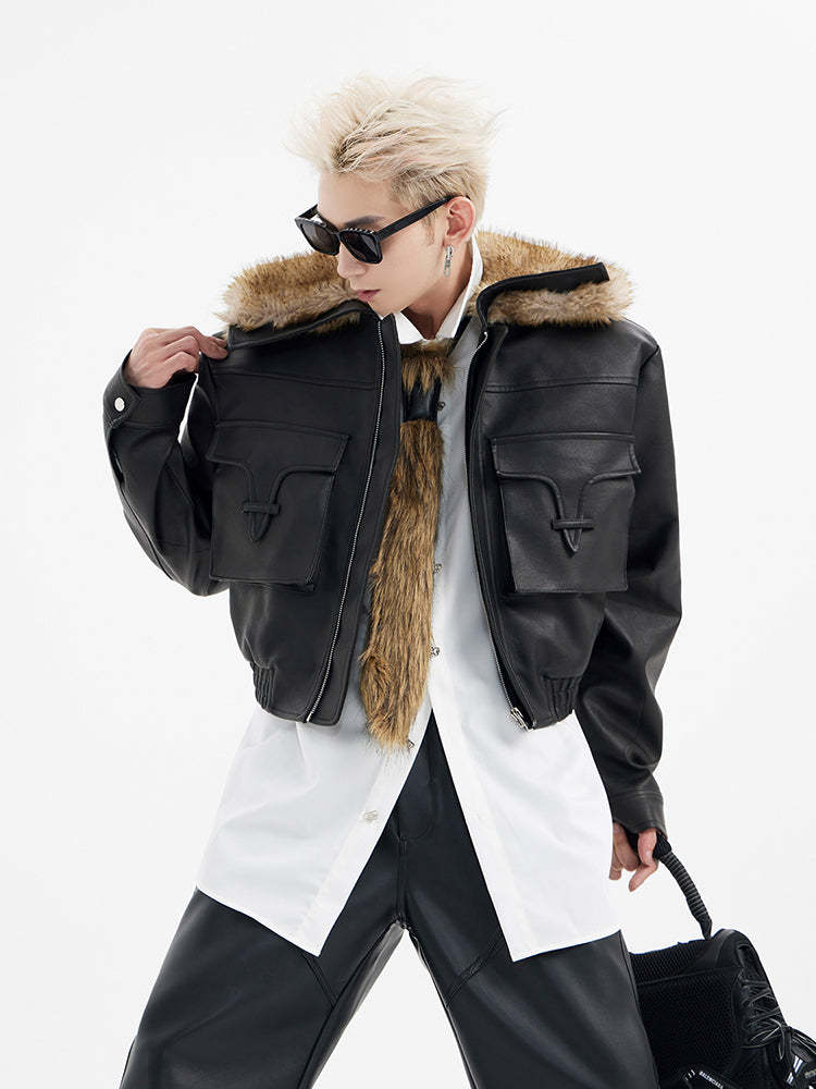 【24s January.】Ultra Short Pocket Leather Biker Fur Collar Jacket-IYAMIUIO