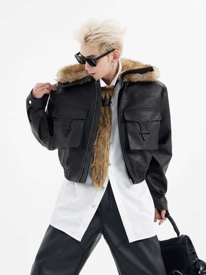 【24s January.】Ultra Short Pocket Leather Biker Fur Collar Jacket-IYAMIUIO