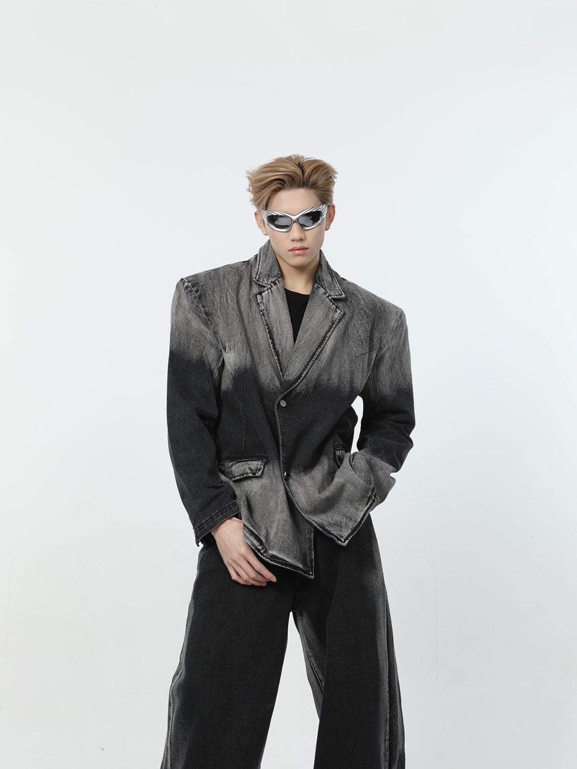 【24s March.】Black and Gray Gradient Distressed Denim Suit-IYAMIUIO