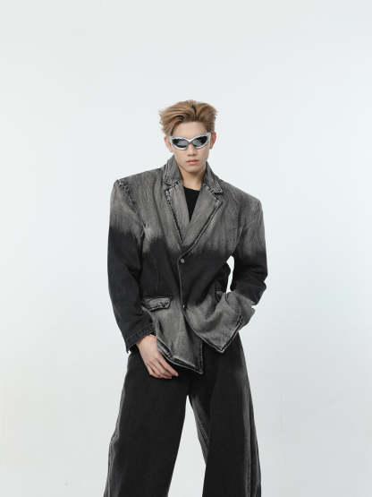 【24s March.】Black and Gray Gradient Distressed Denim Suit-IYAMIUIO