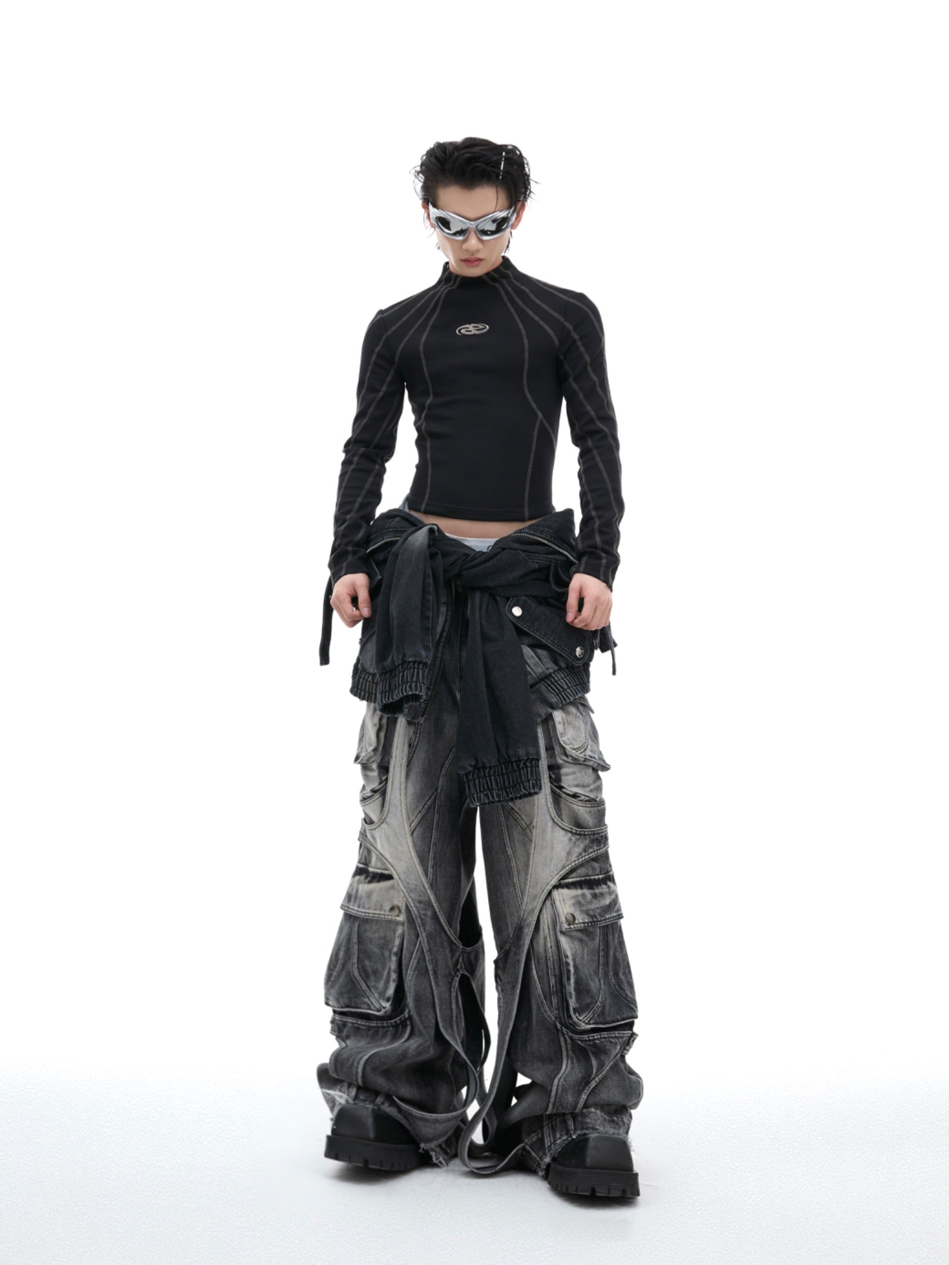 【24s Oct.】Topstitched Metallic Trim Slim-fit Turtleneck Top-IYAMIUIO