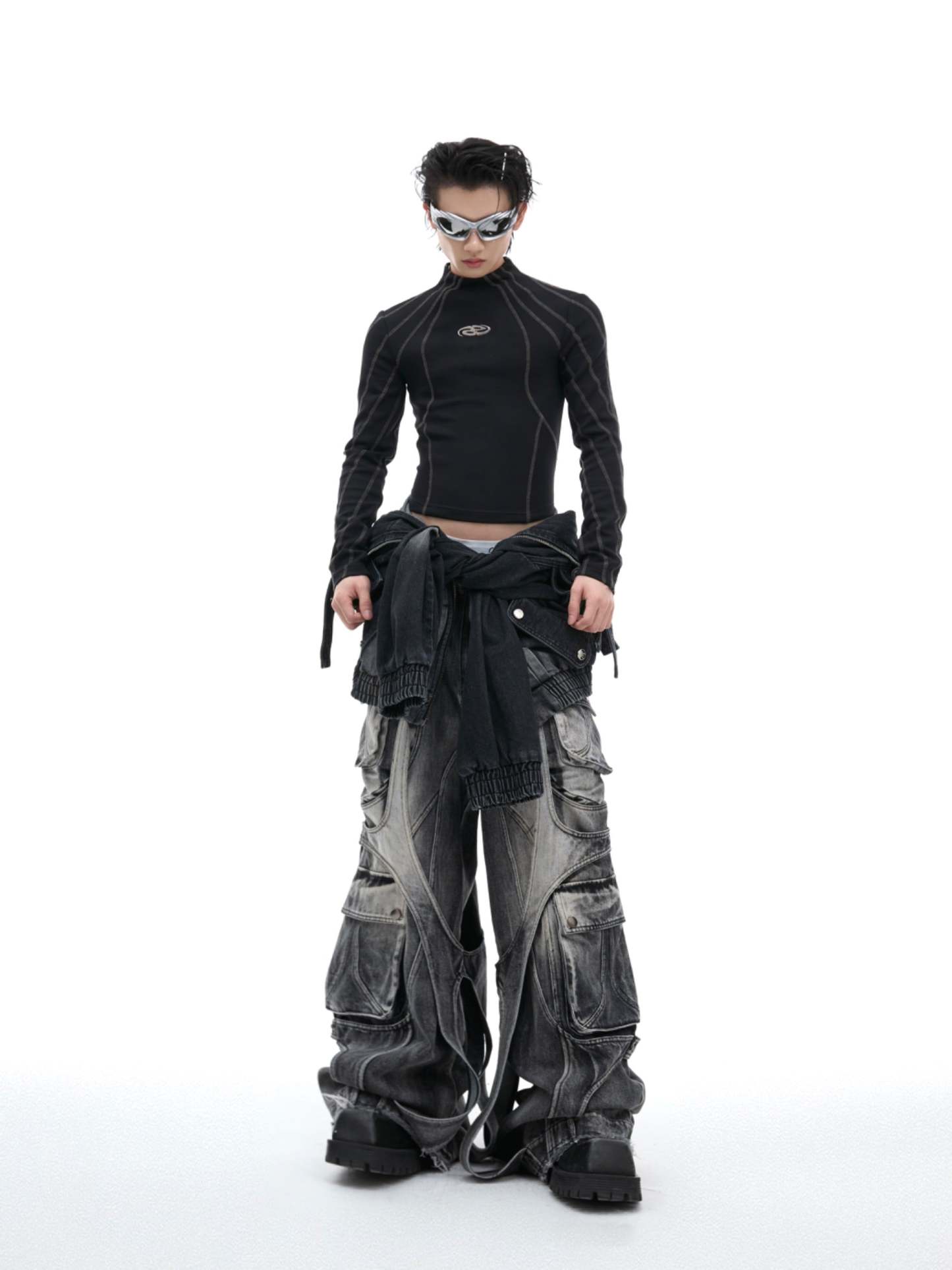 【24s Oct.】Topstitched Metallic Trim Slim-fit Turtleneck Top-IYAMIUIO