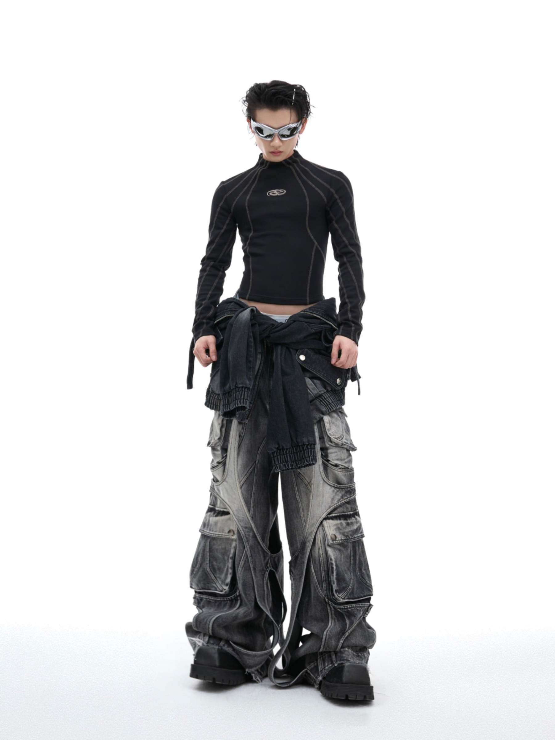 【24s Oct.】Topstitched Metallic Trim Slim-fit Turtleneck Top-IYAMIUIO