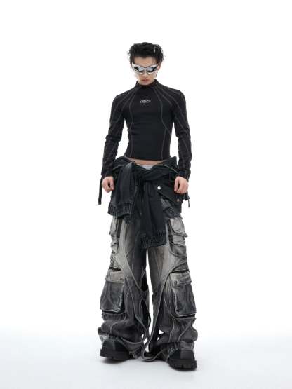 【24s Oct.】Topstitched Metallic Trim Slim-fit Turtleneck Top-IYAMIUIO