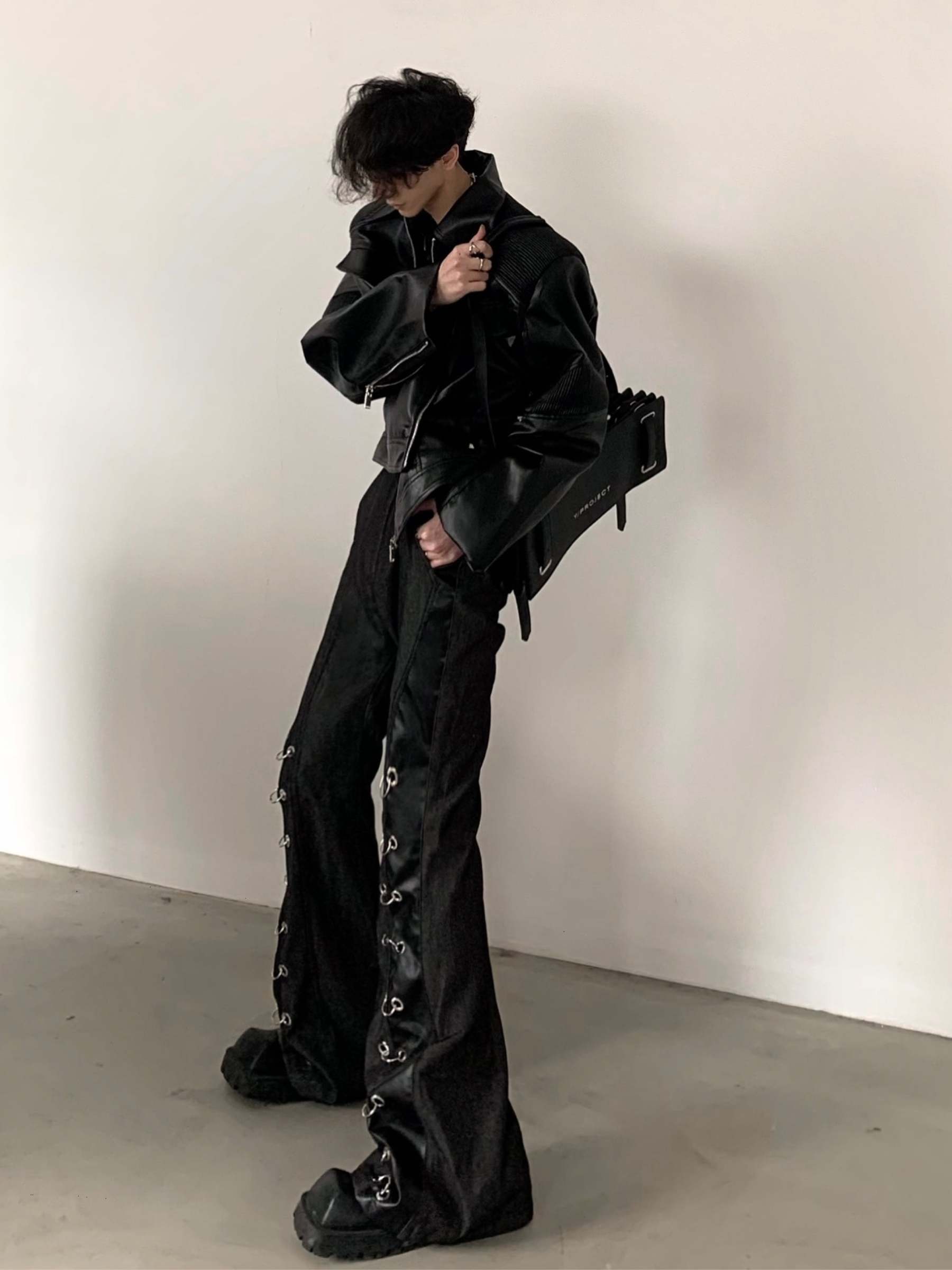 【24s March.】Deconstructed Black Leather Jacket-IYAMIUIO