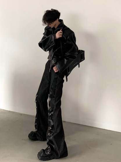 【24s March.】Deconstructed Black Leather Jacket-IYAMIUIO